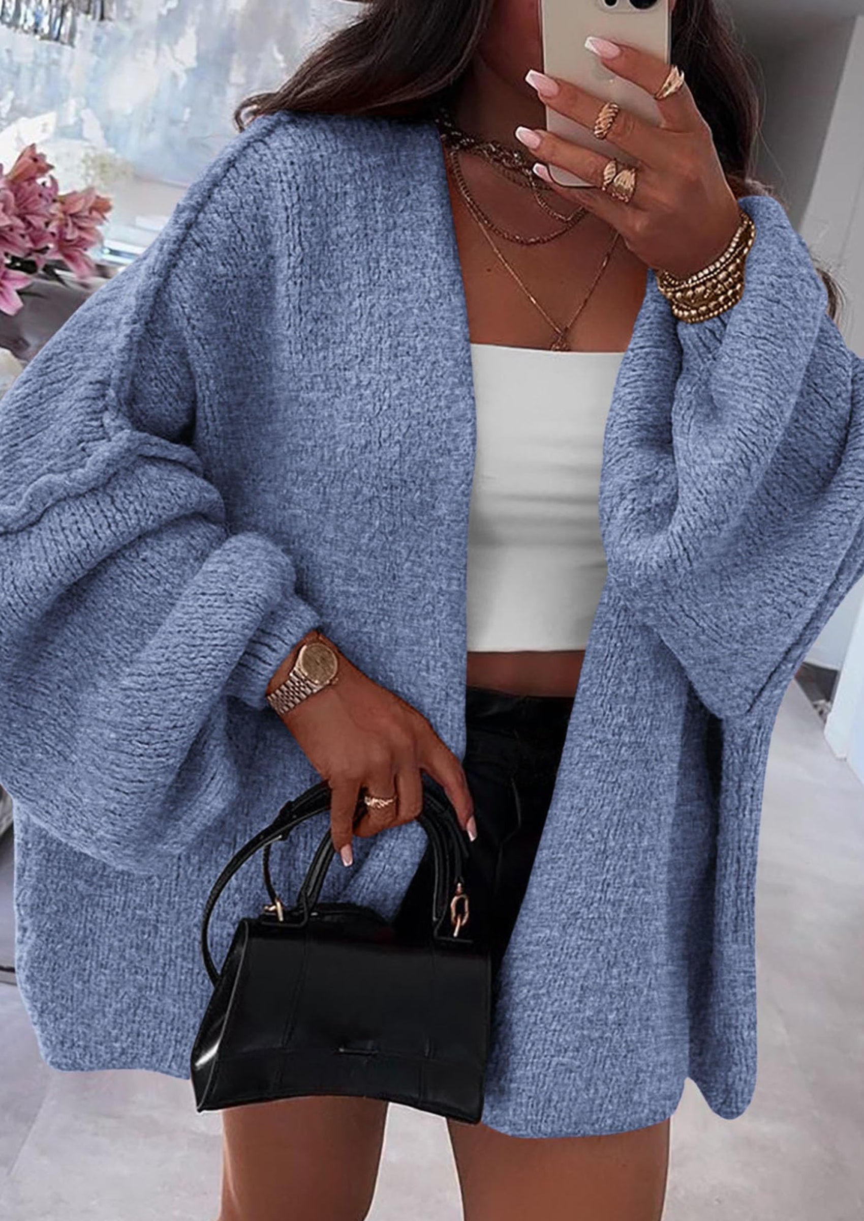 Womens Oversized Cardigan Sweaters Fall Long Lantern Sleeve Knit Open Front Lightweight Sweater