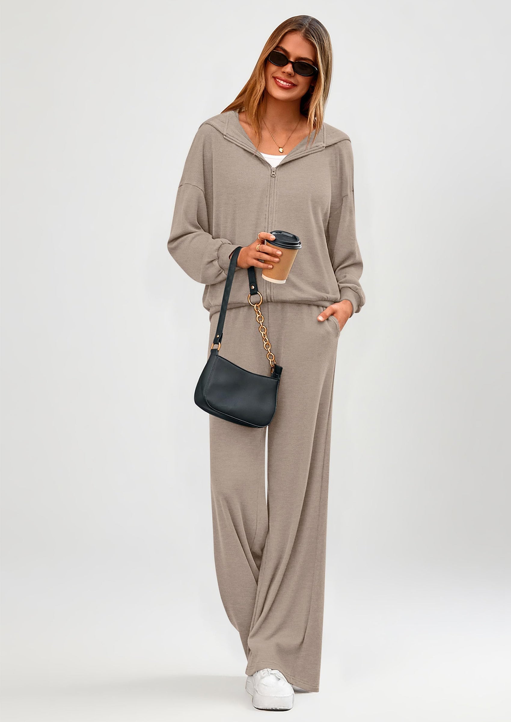 Women's 2 Piece Fall Lounge Sets Zip Up Hoodie Wide Leg Pants Tracksuit Matching Travel Outfits Clothes