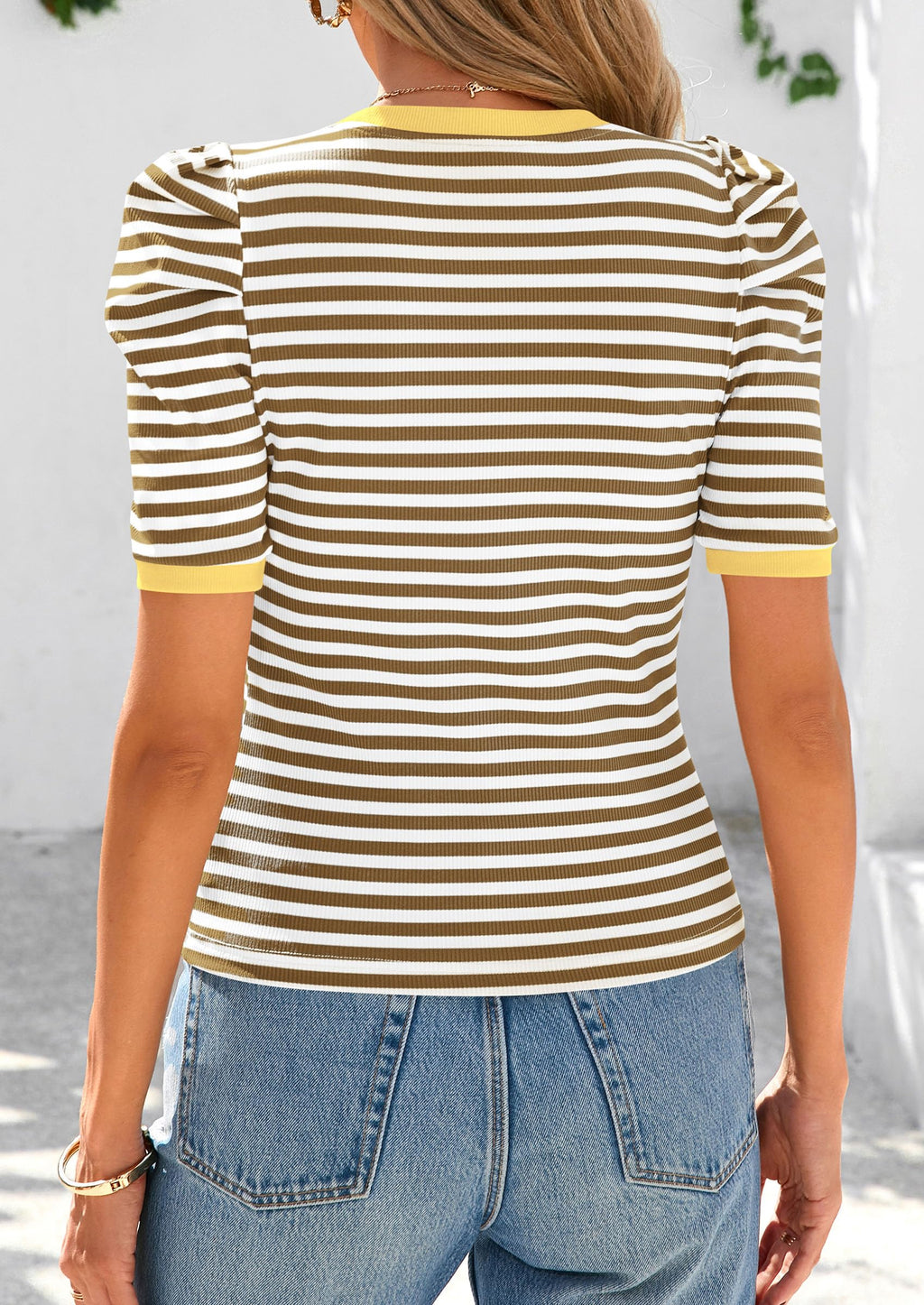 Women's Summer Puff Sleeve Tops Casual Ribbed Knit Crop Top Color Block Trendy Crewneck Striped Shirts