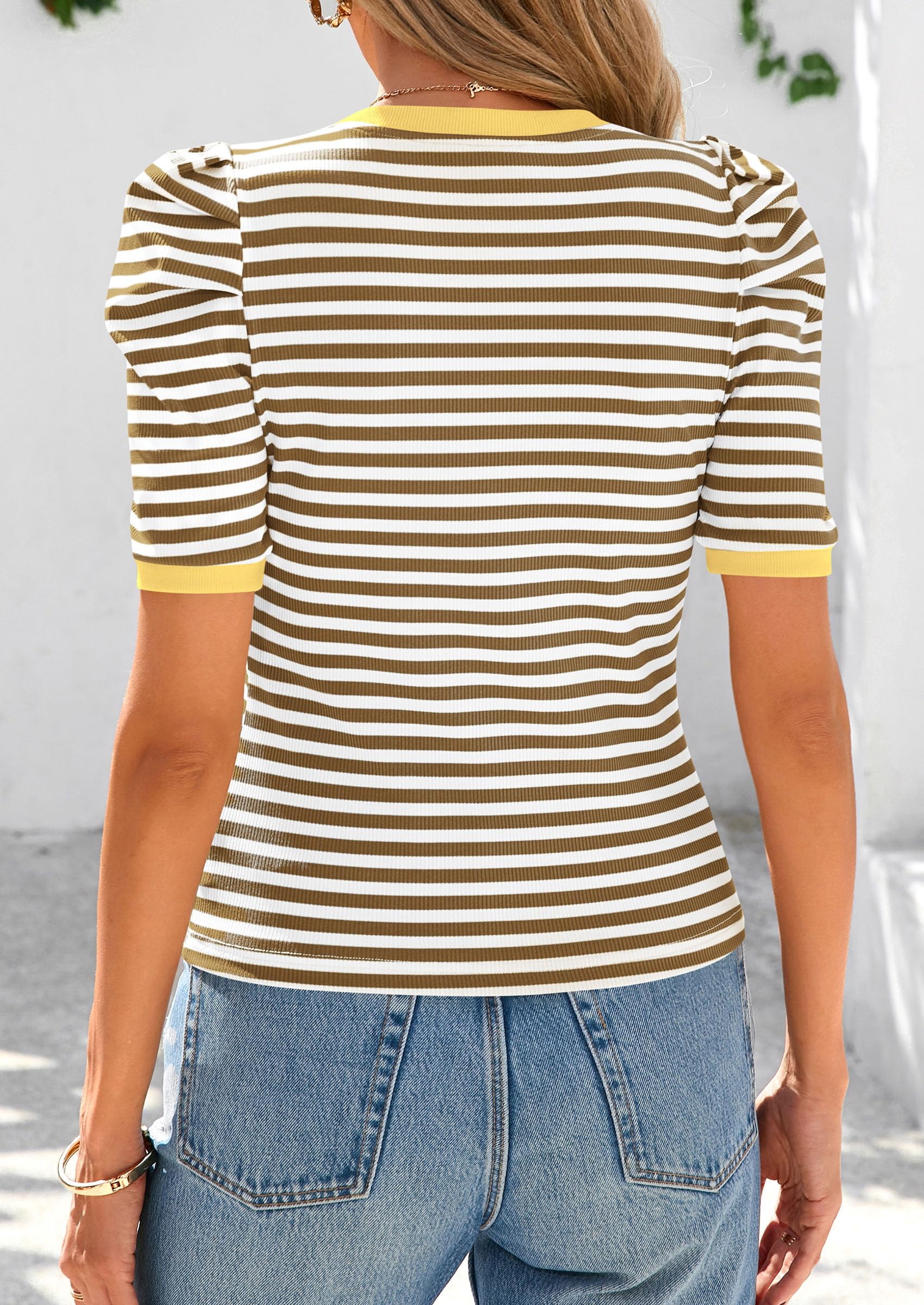 Women's Summer Puff Sleeve Tops Casual Ribbed Knit Crop Top Color Block Trendy Crewneck Striped Shirts