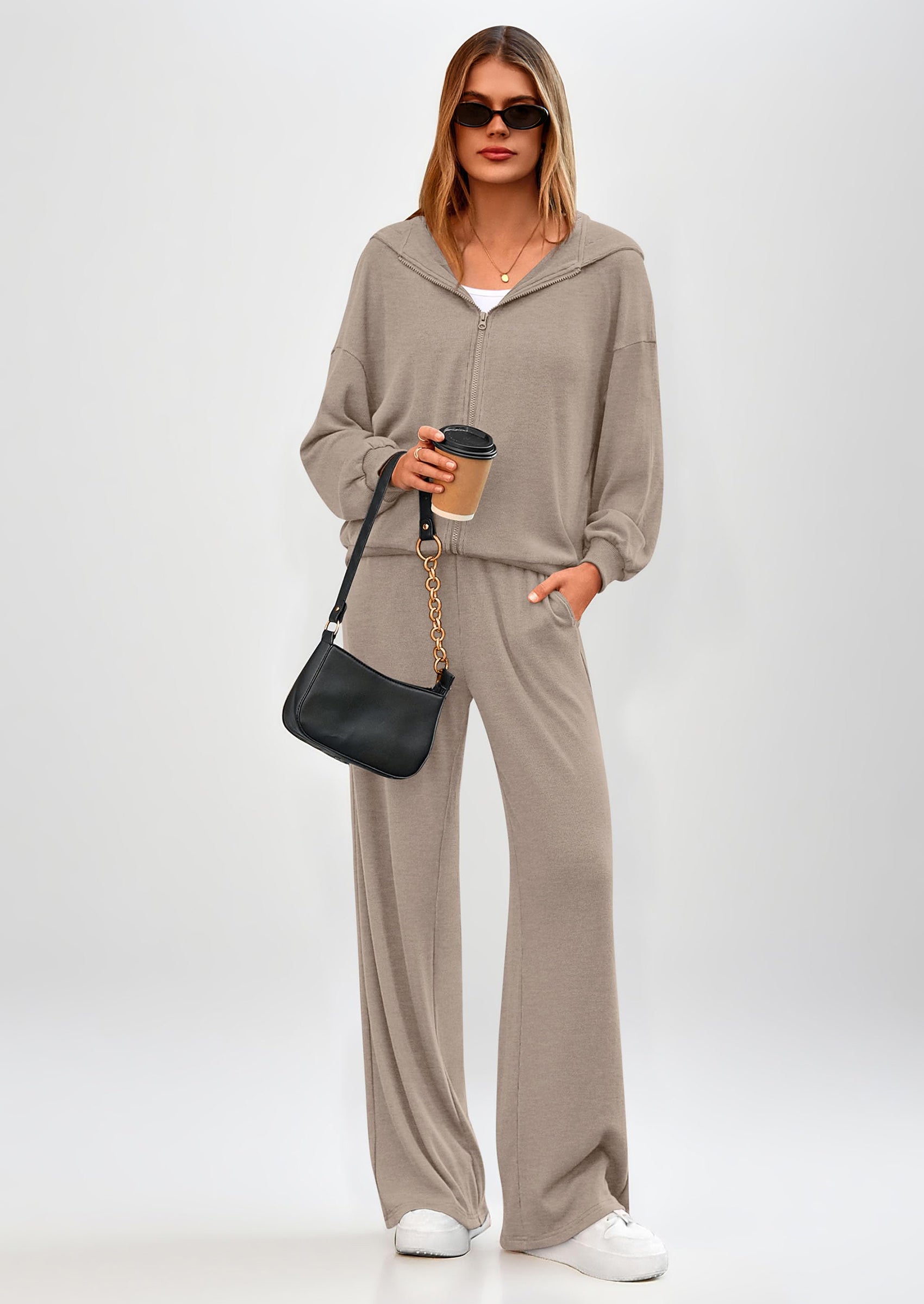 Women's 2 Piece Fall Lounge Sets Zip Up Hoodie Wide Leg Pants Tracksuit Matching Travel Outfits Clothes