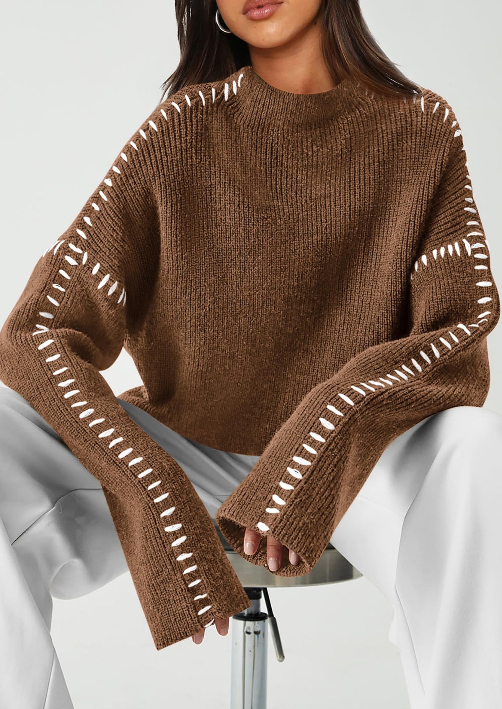 Women's Chunky Knit Sweaters Fall Long Sleeve Mock Neck Oversized Pullover Tops Winter Fashion Clothes