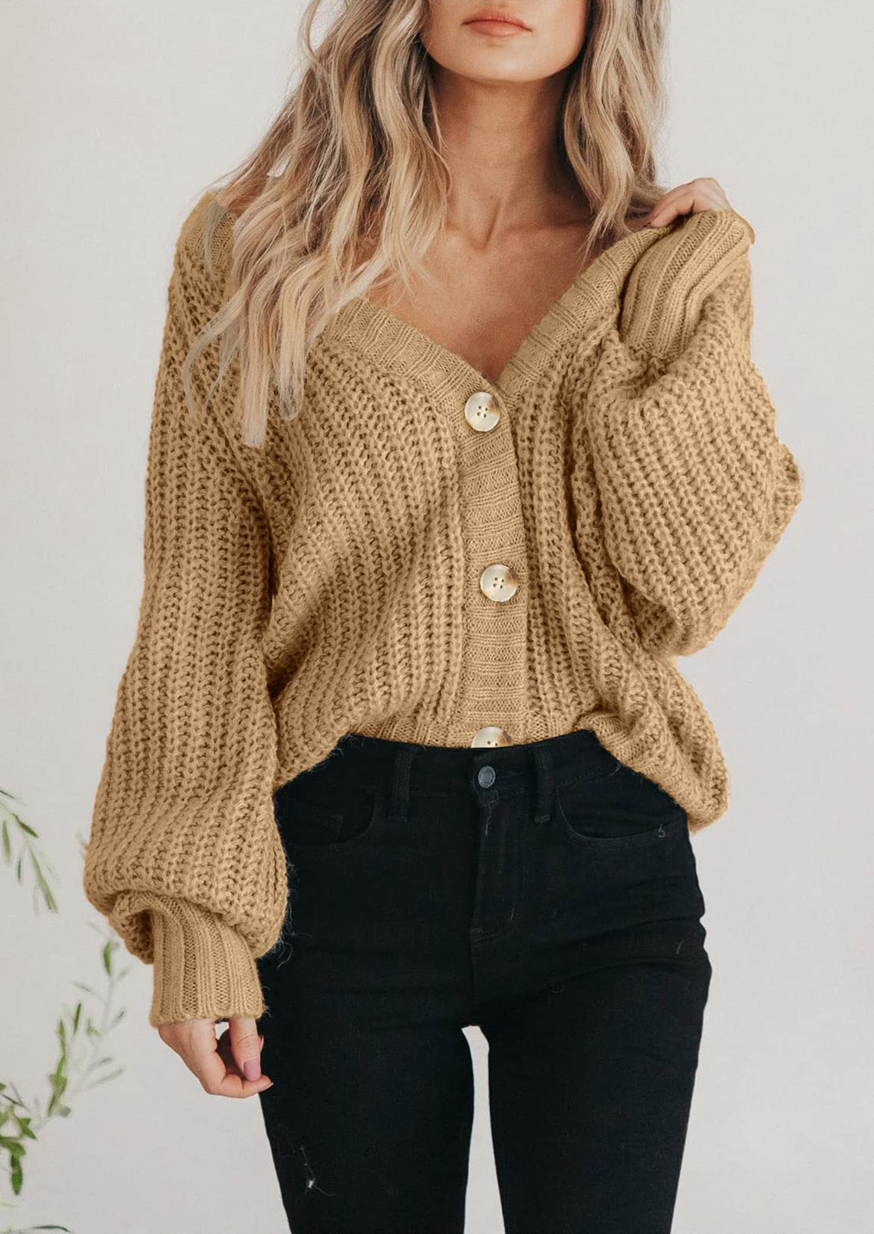 Women's Chunky Knit Open Front Sweater Long Sleeve Button Loose Short Cardigan Outerwear Coats