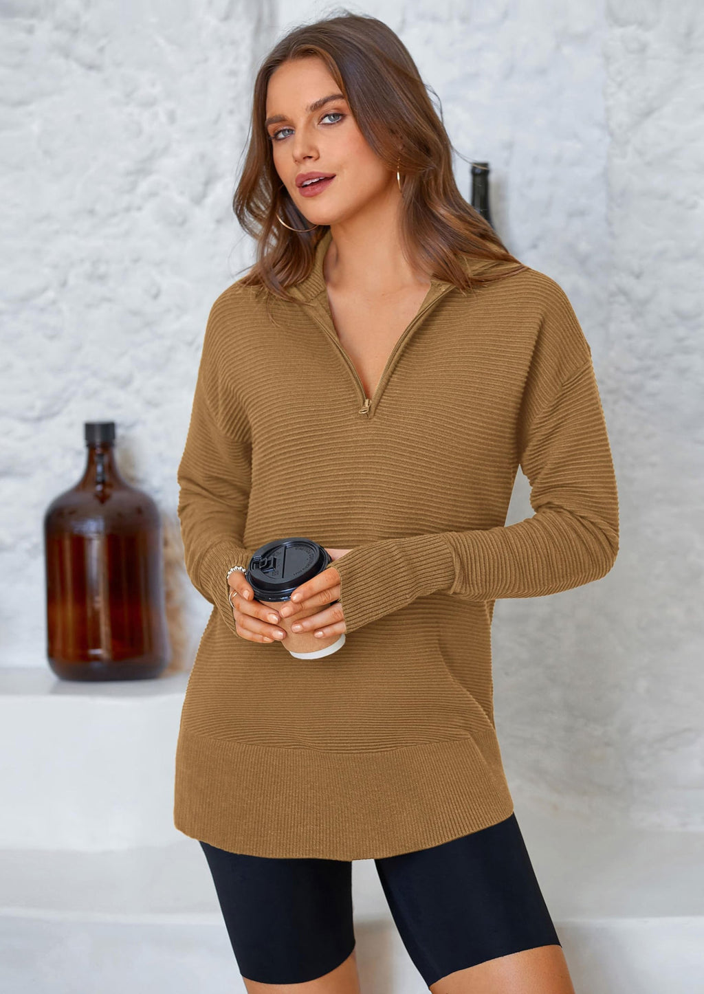 Womens Long Sleeve Quarter Zip Pullover Sweater Casual Loose V Neck Collared Ribbed Knit Jumper Tops Thumb Hole