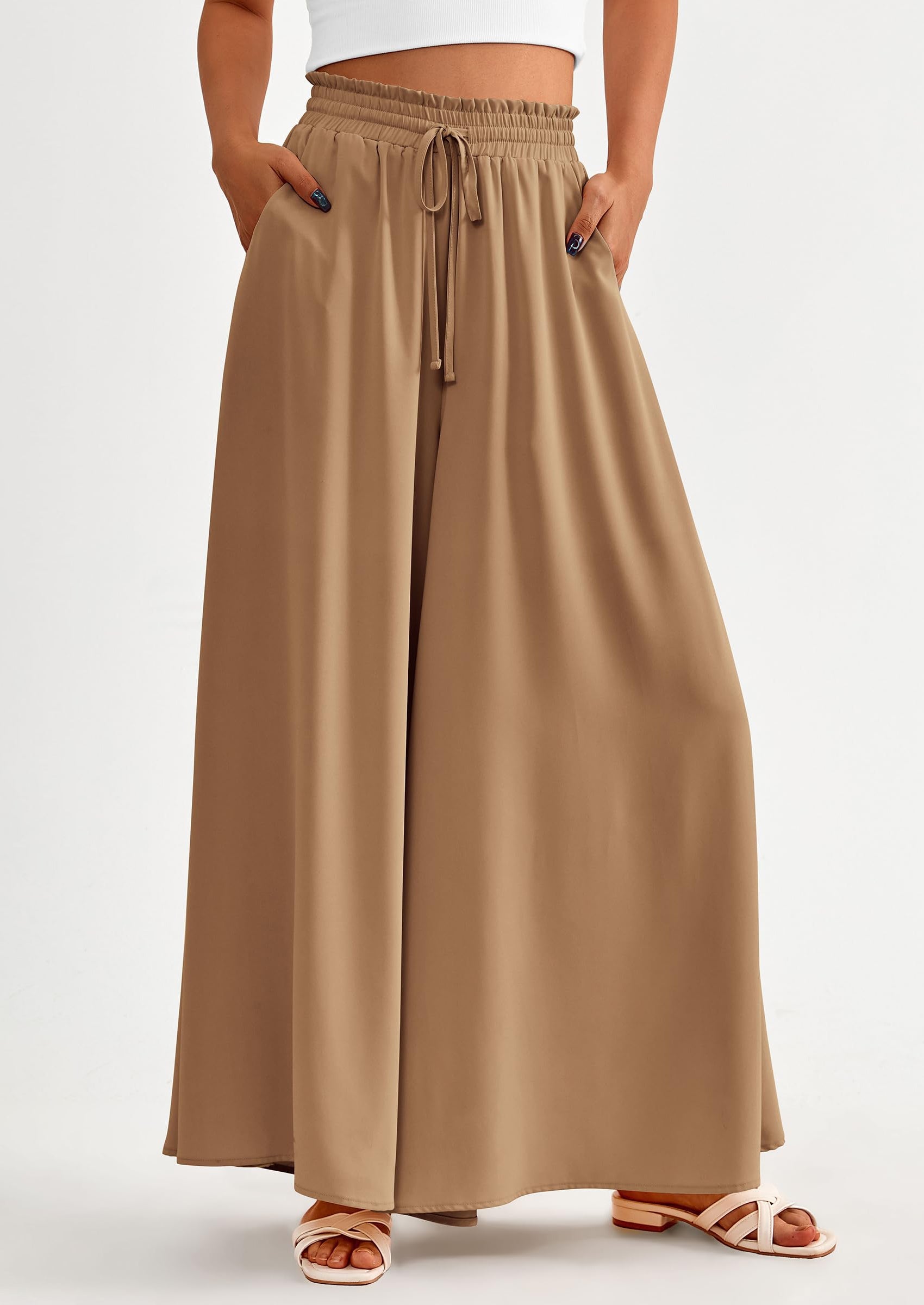 Women's Summer Wide Leg Palazzo Pants High Waisted Flowy Pockets Trendy Casual Lounge Boho Beach Trousers