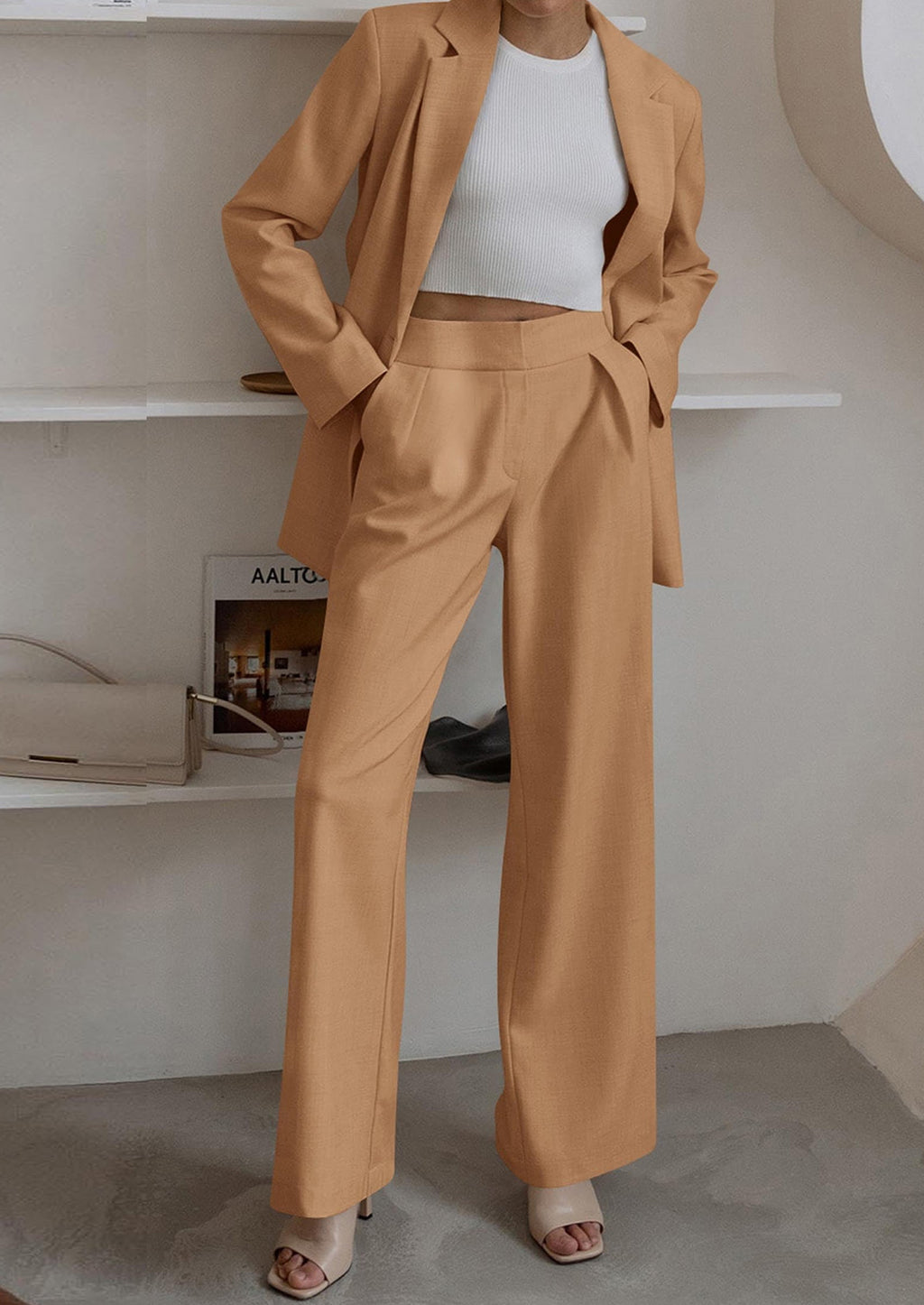 Women's Fall Two Piece Outfits Dressy Blazer Jacket and Wide Leg Pants Pockets Business Casual Office Suit Sets
