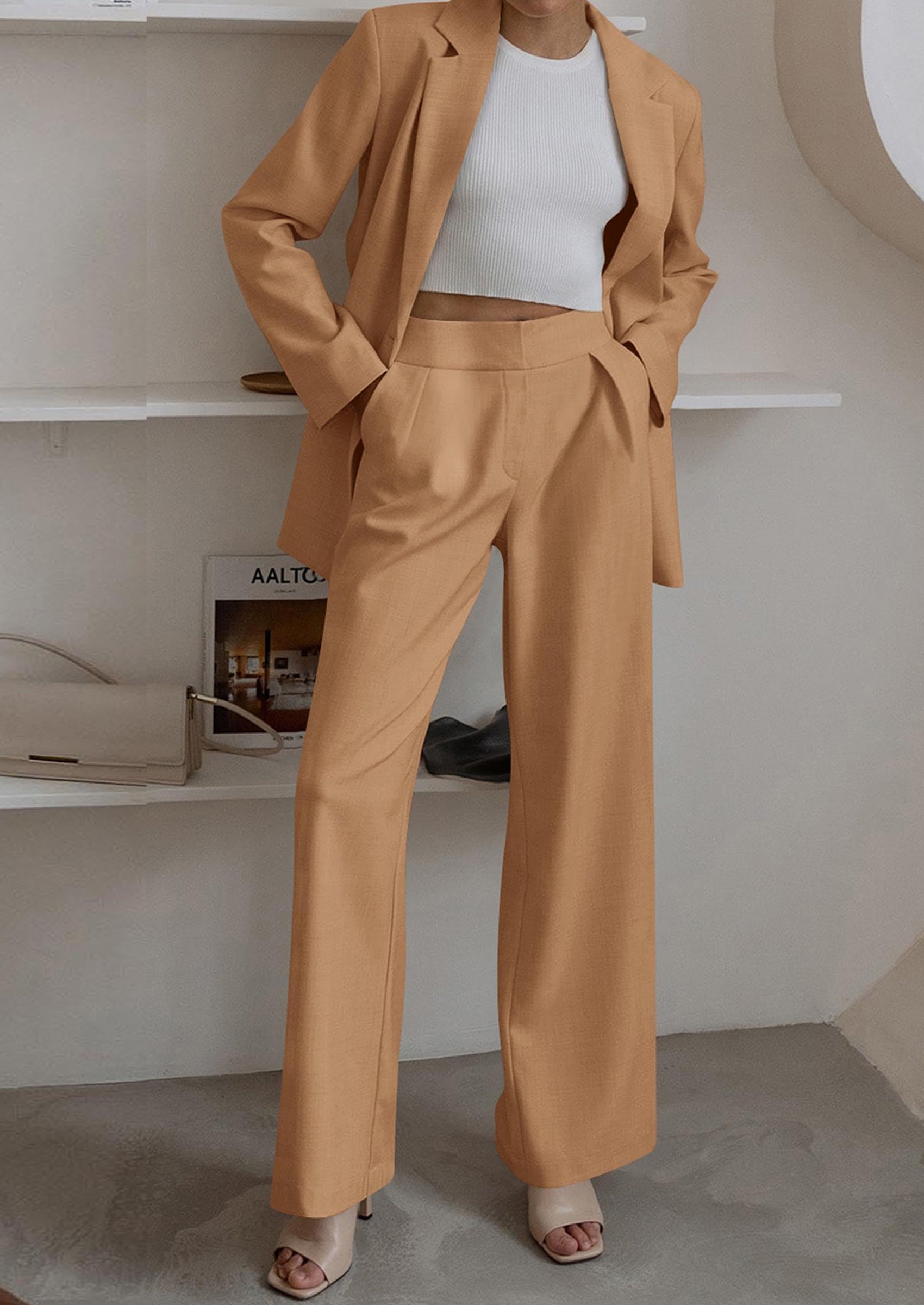 Women's Fall Two Piece Outfits Dressy Blazer Jacket and Wide Leg Pants Pockets Business Casual Office Suit Sets