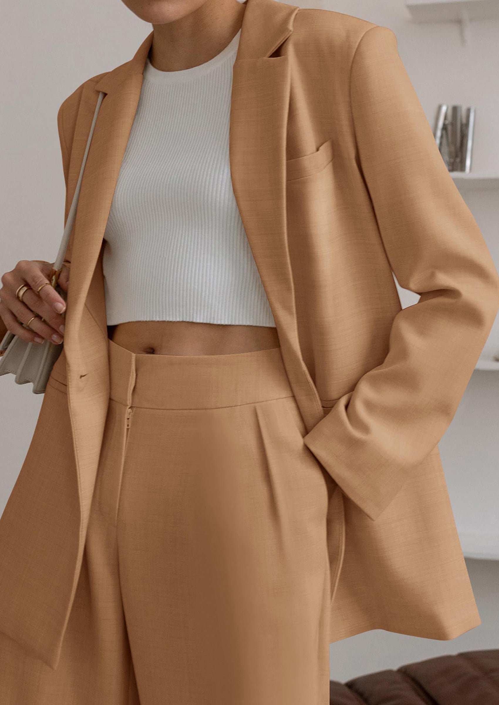 Women's Fall Two Piece Outfits Dressy Blazer Jacket and Wide Leg Pants Pockets Business Casual Office Suit Sets