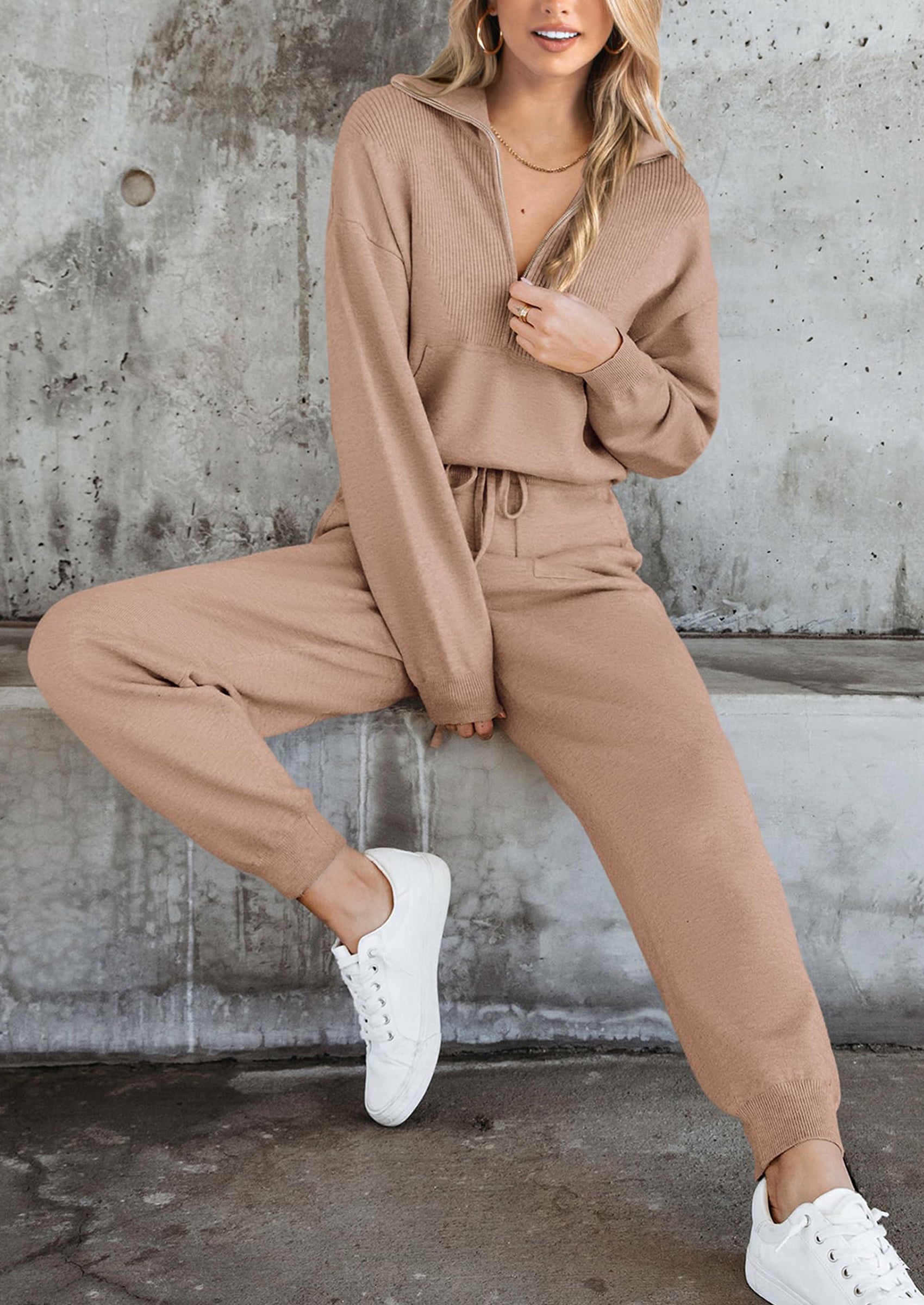 Women's 2 Piece Sweater Set Pullover Zip Up Sweatshirt Jogger Sweatpants Tracksuit Casual Outfit