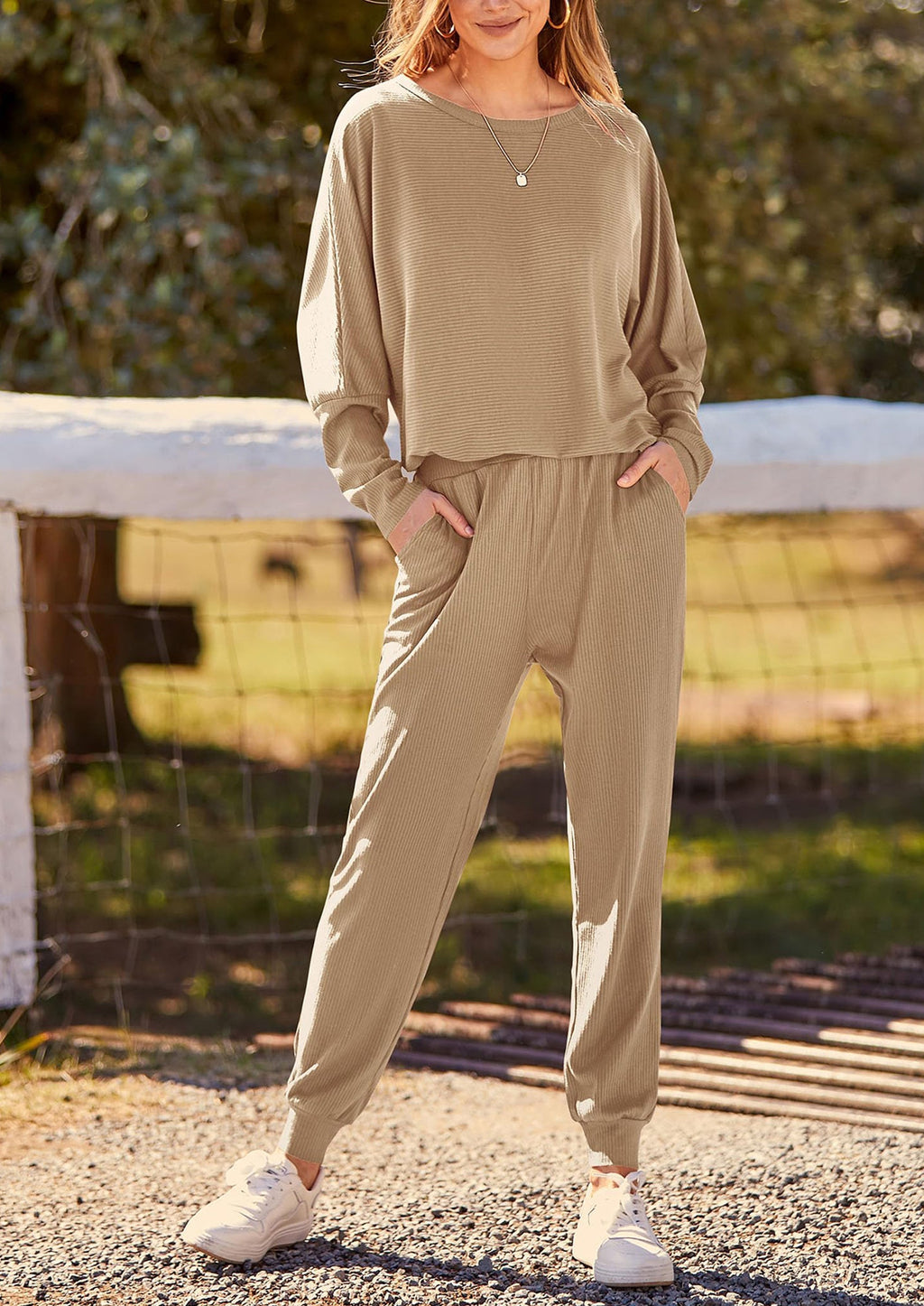 Women's Fall 2 Piece Lounge Set Long Sleeve Tops Ribbed Pants Spring Matching Sweatsuit Travel Outfits Clothes