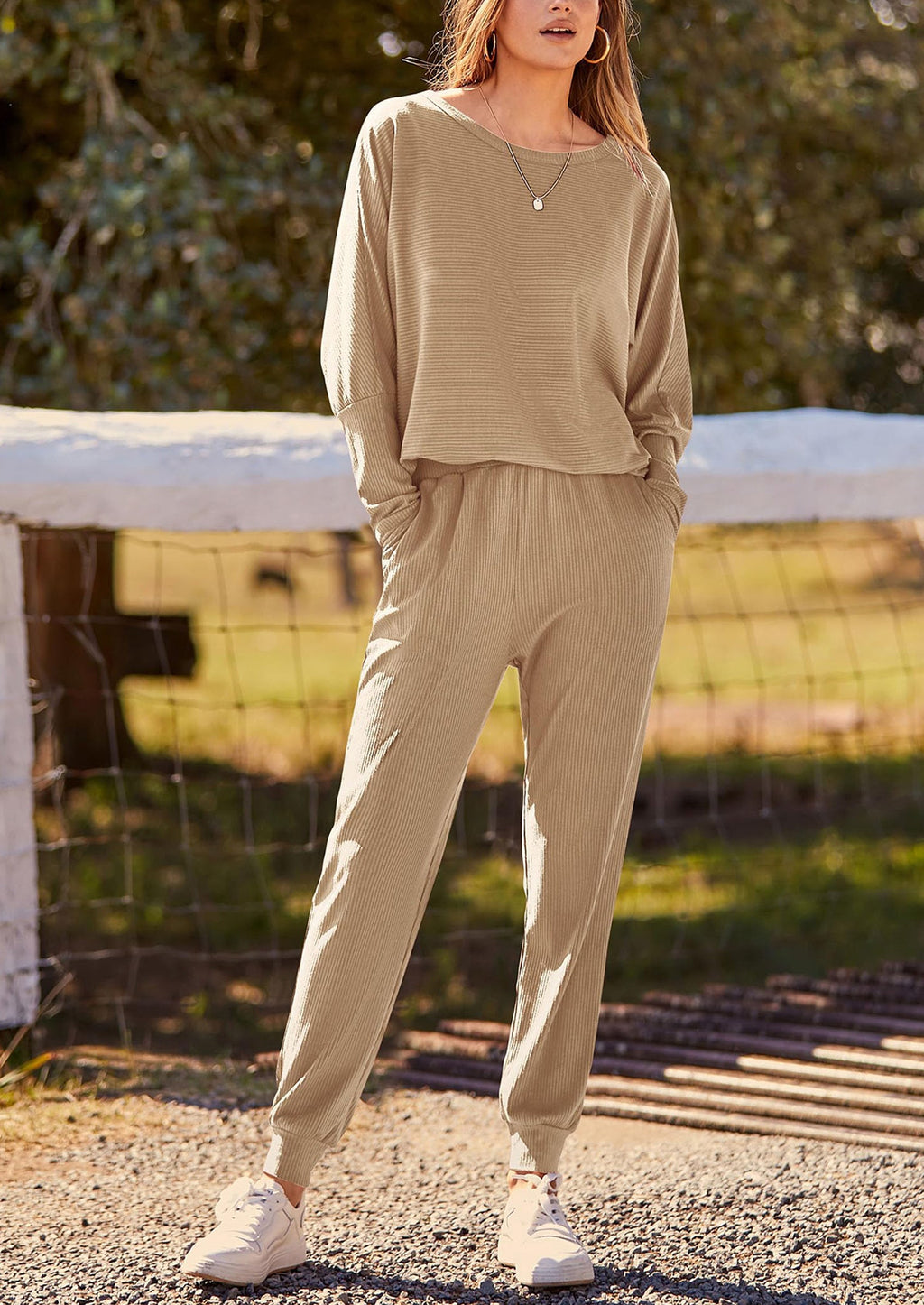 Women's Fall 2 Piece Lounge Set Long Sleeve Tops Ribbed Pants Spring Matching Sweatsuit Travel Outfits Clothes