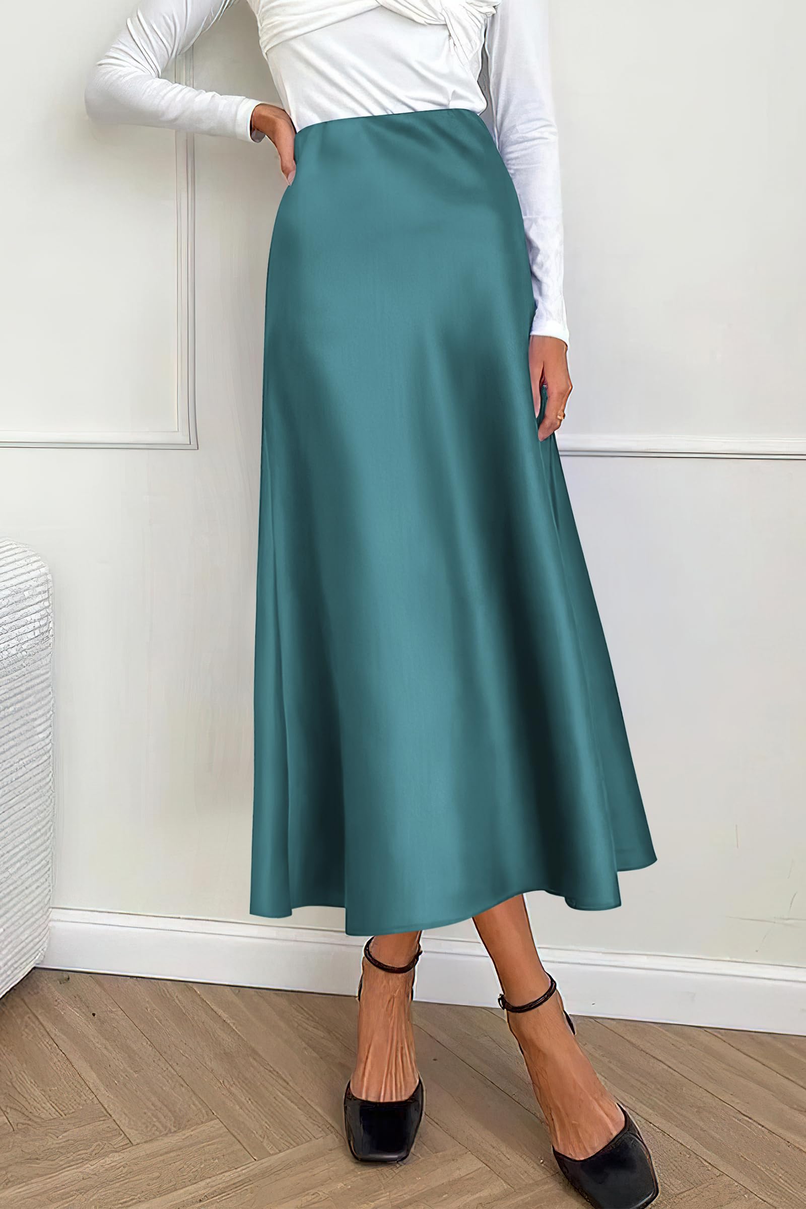Women's Satin Skirts Dressy Casual Fall High Waisted Cocktail Wedding Flowy Elegant A Line Midi Skirt