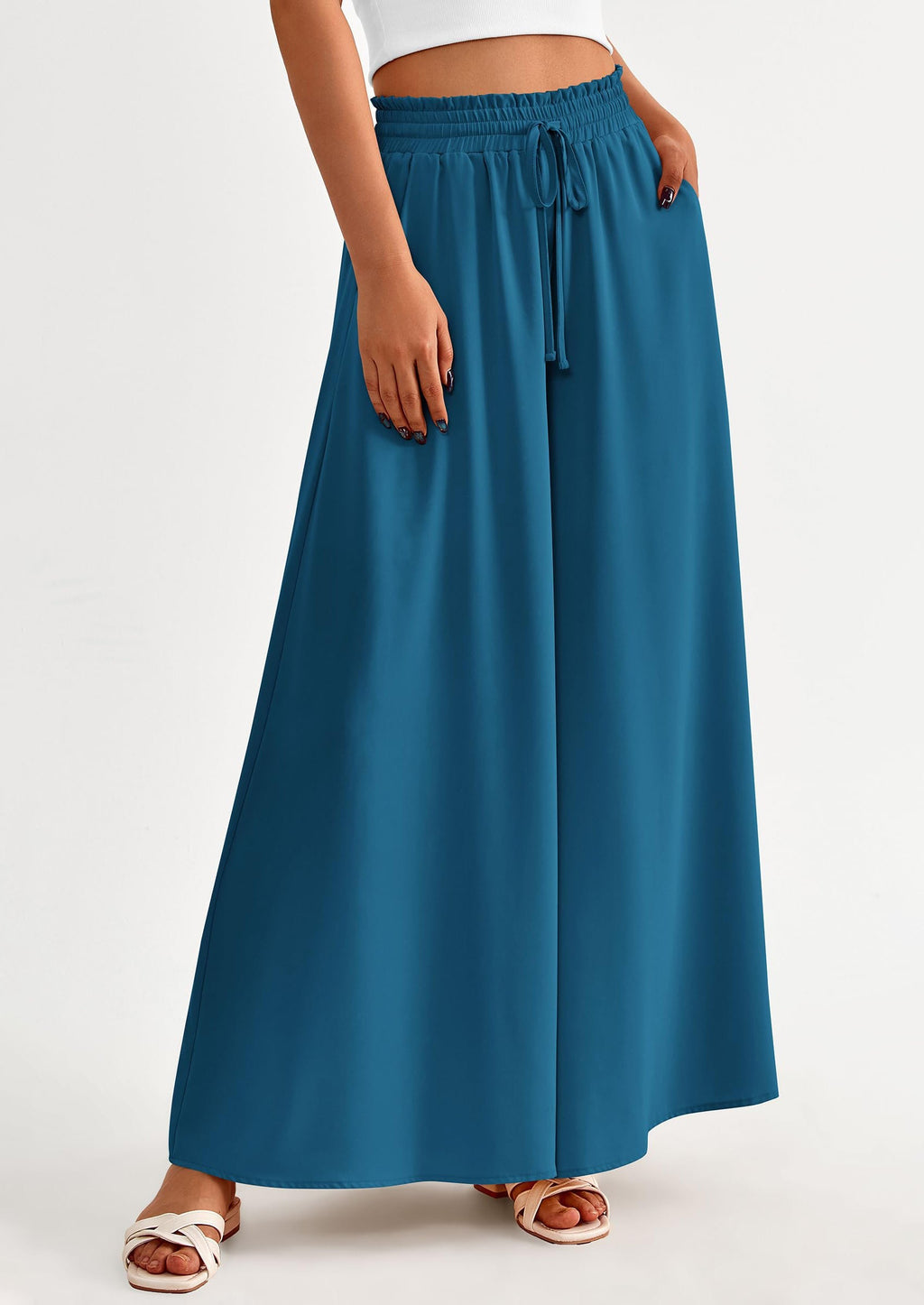 Women's Summer Wide Leg Palazzo Pants High Waisted Flowy Pockets Trendy Casual Lounge Boho Beach Trousers