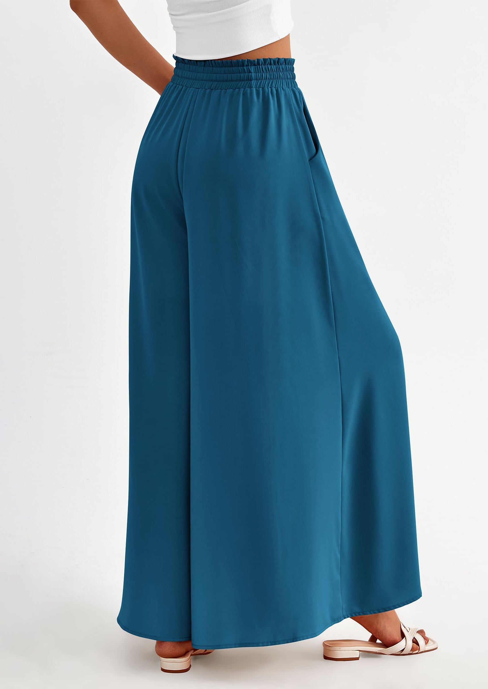Women's Summer Wide Leg Palazzo Pants High Waisted Flowy Pockets Trendy Casual Lounge Boho Beach Trousers