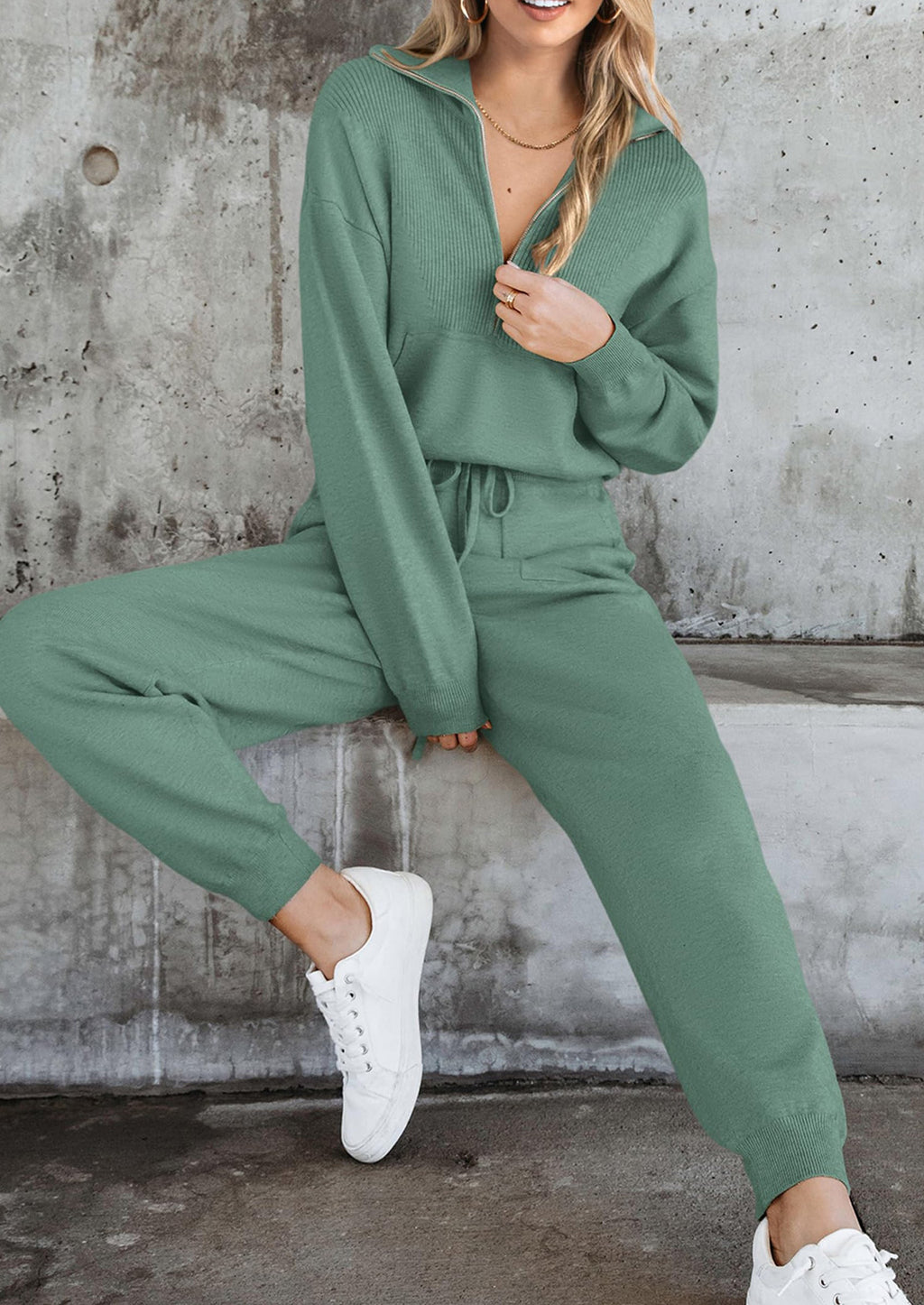 Women's 2 Piece Sweater Set Pullover Zip Up Sweatshirt Jogger Sweatpants Tracksuit Casual Outfit