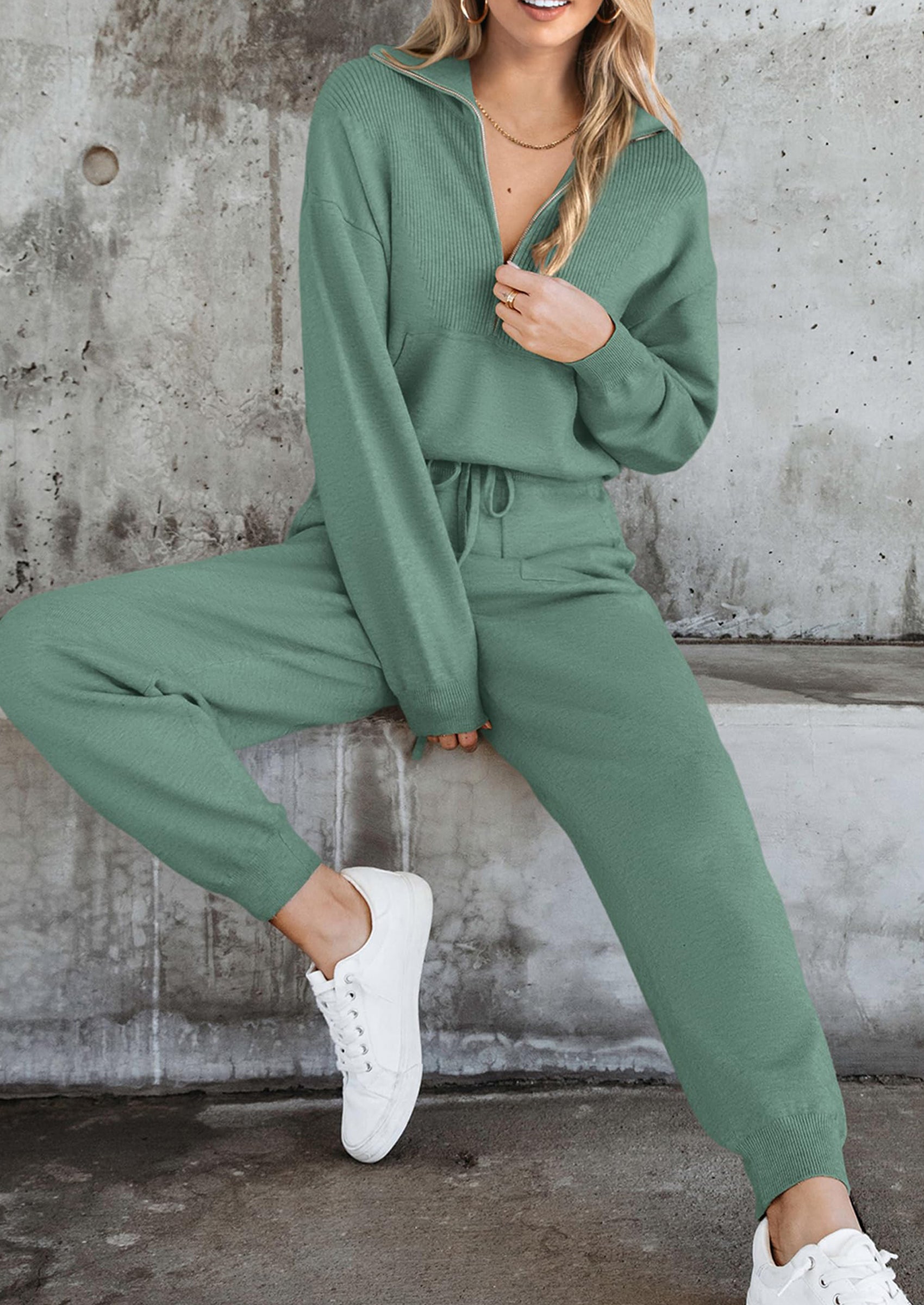 Women's 2 Piece Sweater Set Pullover Zip Up Sweatshirt Jogger Sweatpants Tracksuit Casual Outfit