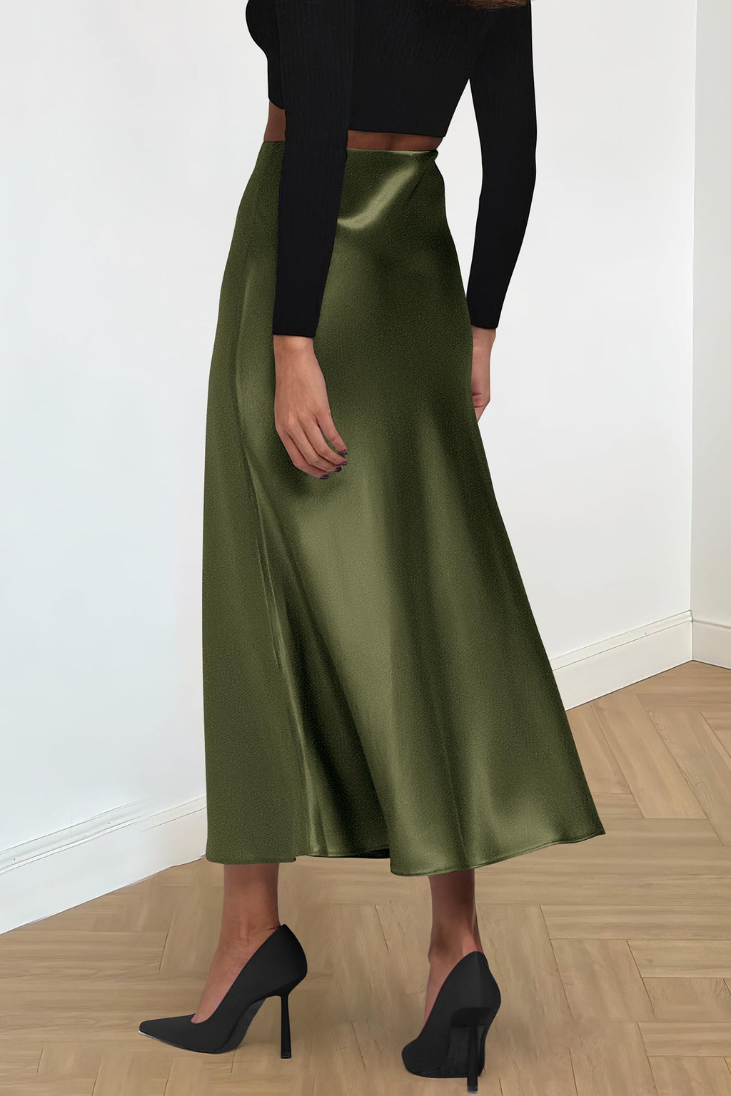 Women's Satin Skirts Dressy Casual Fall High Waisted Cocktail Wedding Flowy Elegant A Line Midi Skirt