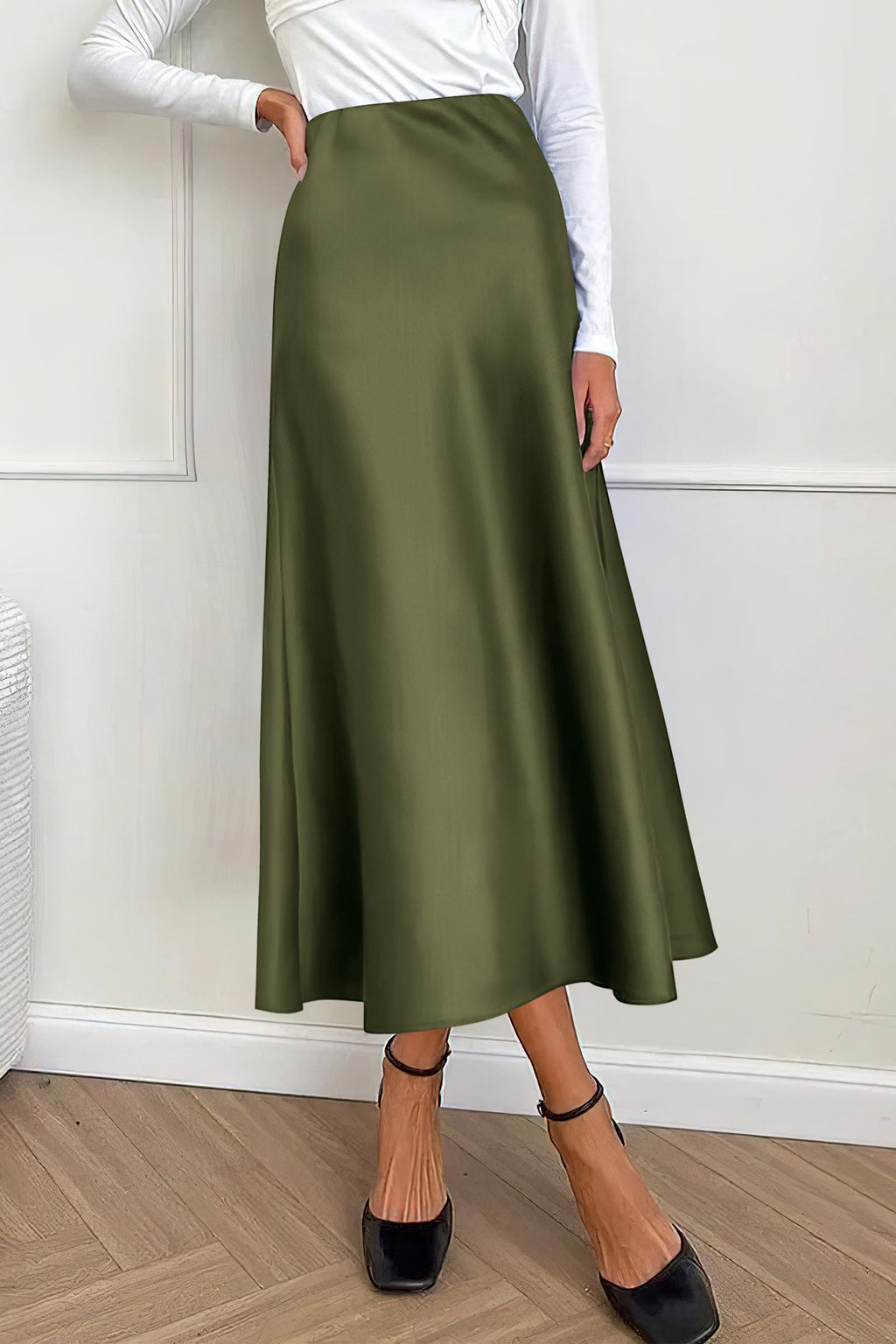 Women's Satin Skirts Dressy Casual Fall High Waisted Cocktail Wedding Flowy Elegant A Line Midi Skirt