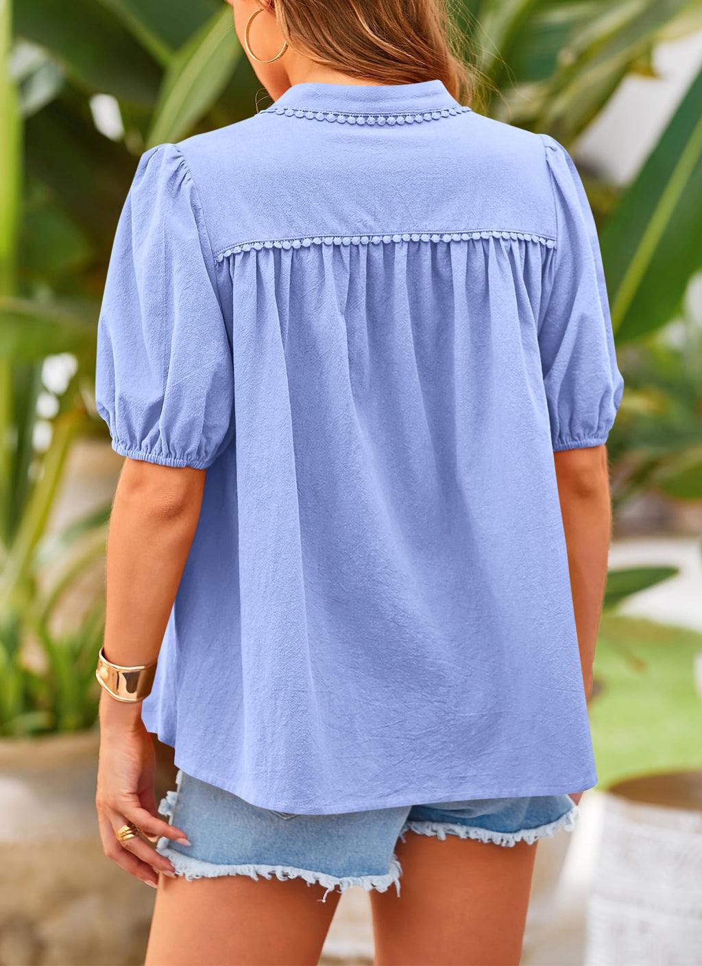 Women's Summer Tops Button Down Shirts Short Lantern Sleeve V Neck Cotton Cute Dressy Casual Blouses