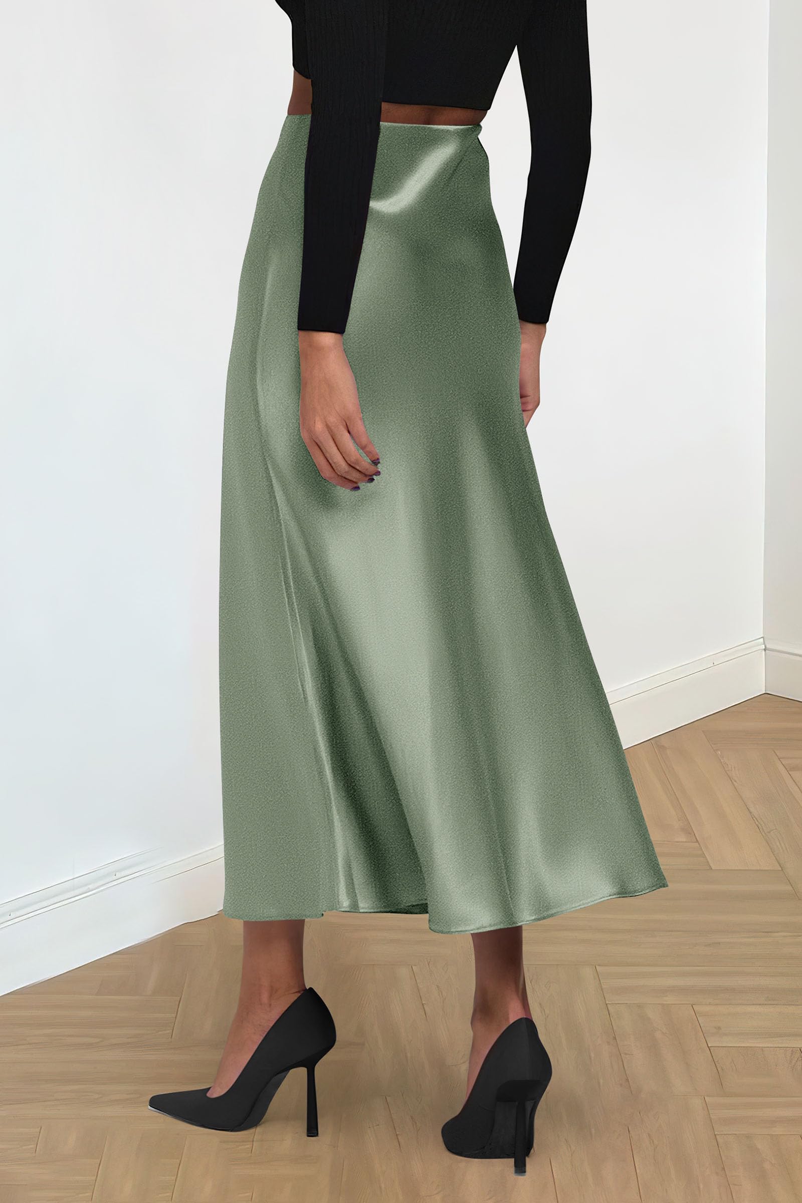 Women's Satin Skirts Dressy Casual Fall High Waisted Cocktail Wedding Flowy Elegant A Line Midi Skirt