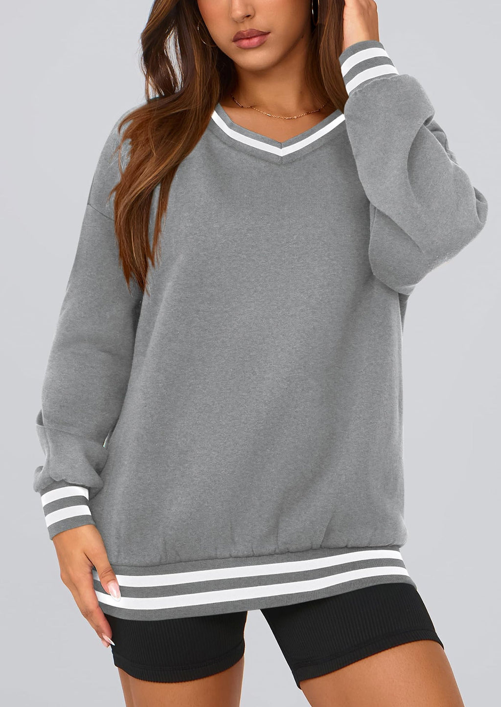 Women's Oversized Sweatshirts Casual Long Sleeve Stripes Knit V Neck Pullover Top Fall Teens Preppy Clothes
