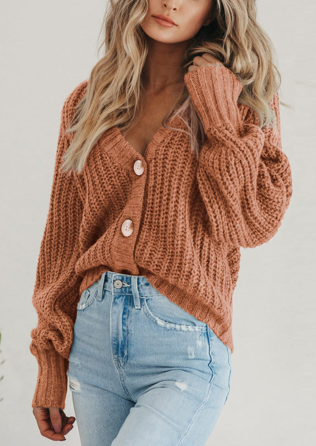 Women's Chunky Knit Open Front Sweater Long Sleeve Button Loose Short Cardigan Outerwear Coats