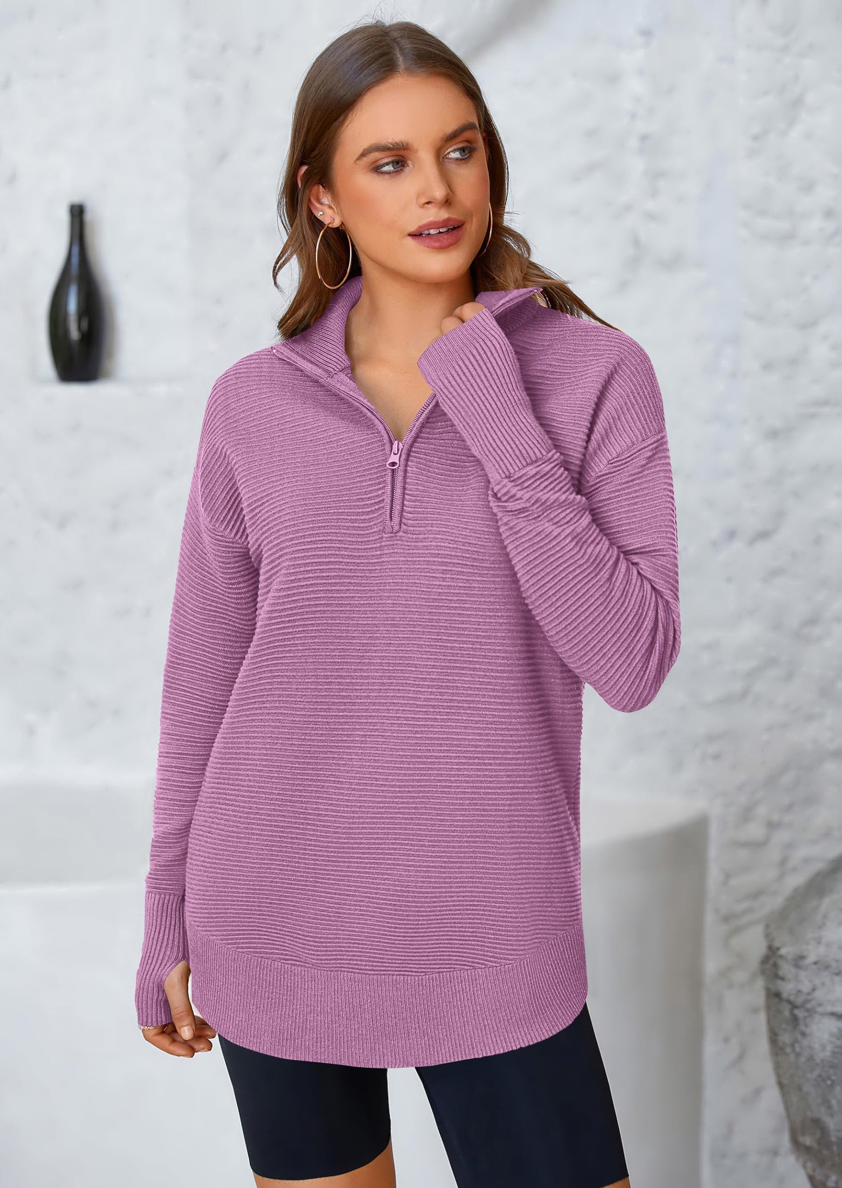 Womens Long Sleeve Quarter Zip Pullover Sweater Casual Loose V Neck Collared Ribbed Knit Jumper Tops Thumb Hole