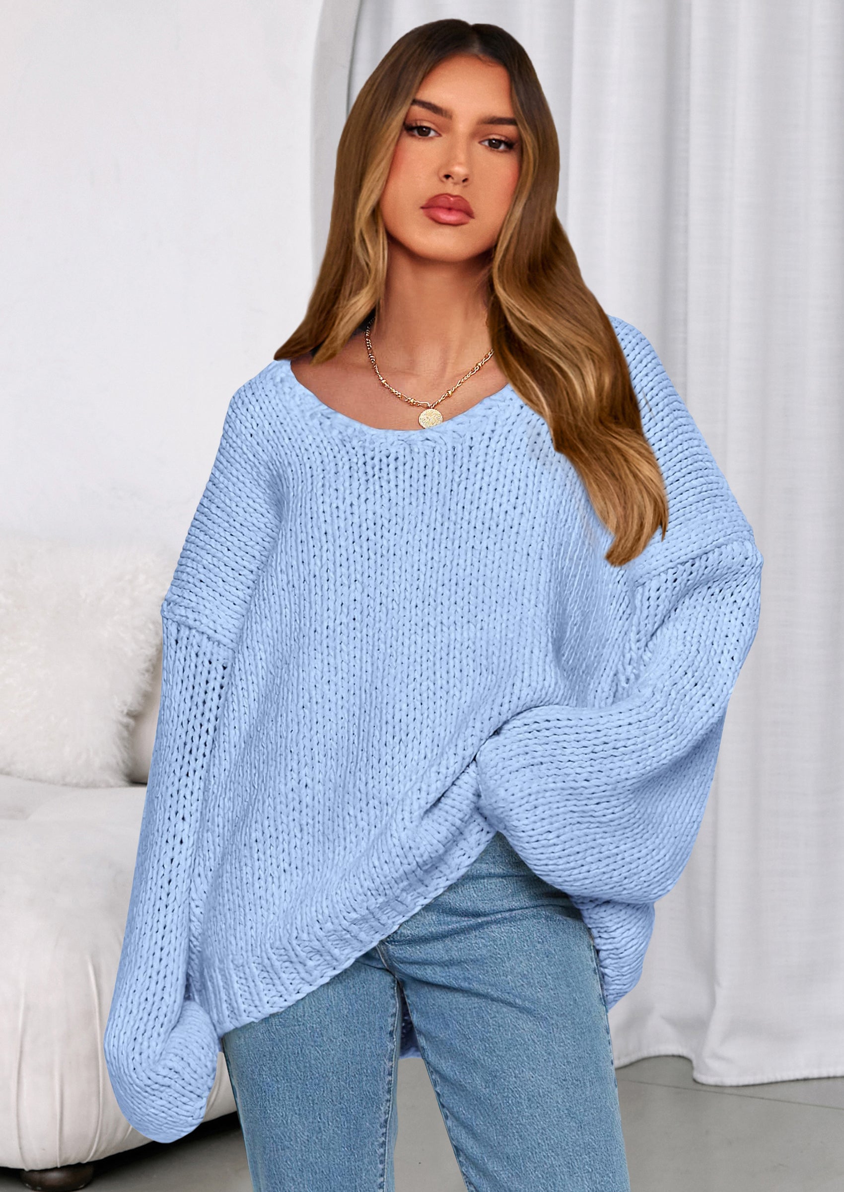 Women's Fall Oversized Sweaters Long Sleeve V Neck Dressy Casual Chunky Knit Loose Pullover Tops Winter Clothing