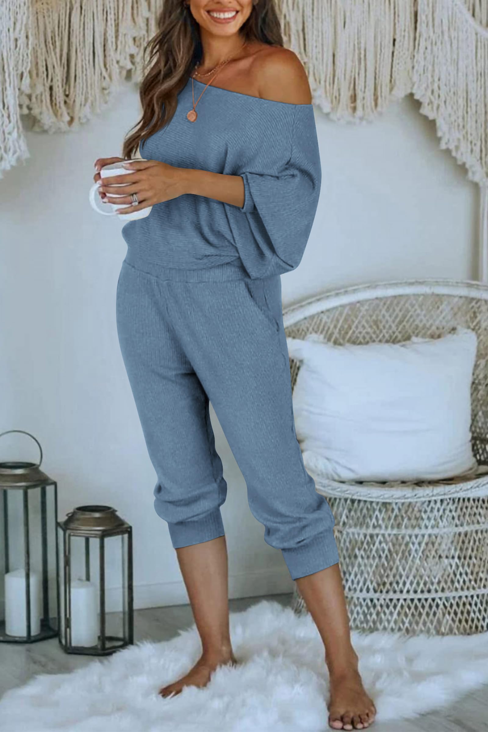 Women's 2 Piece Ribbed Tracksuit Outfits Off Shoulder Long Sleeve Pullover Lounge Pants with Pockets