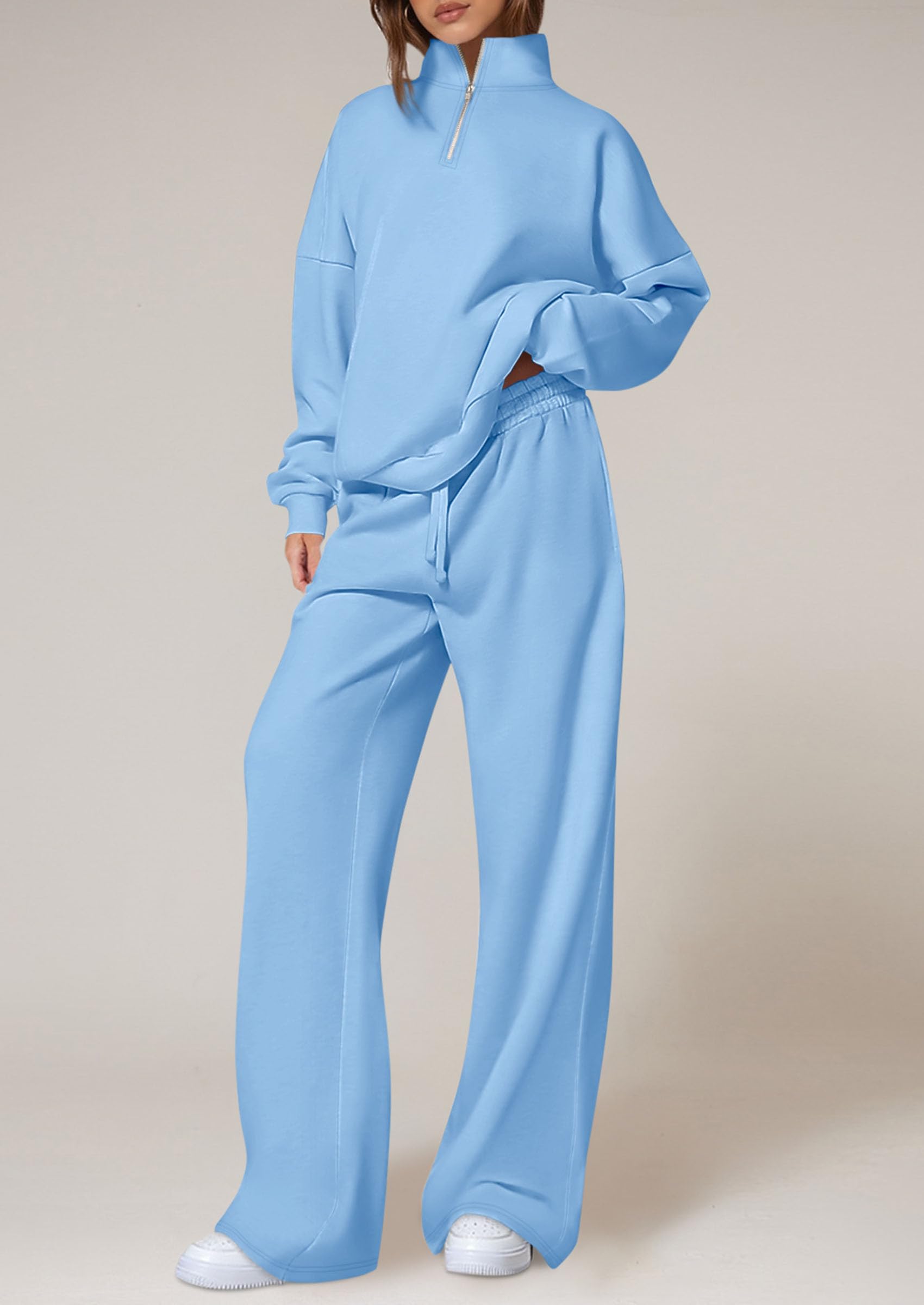 Womens Casual Two Piece Sets Fall Outfits Quarter Zip Sweatshirts Straight Leg Pants Sweatsuits Tracksuit