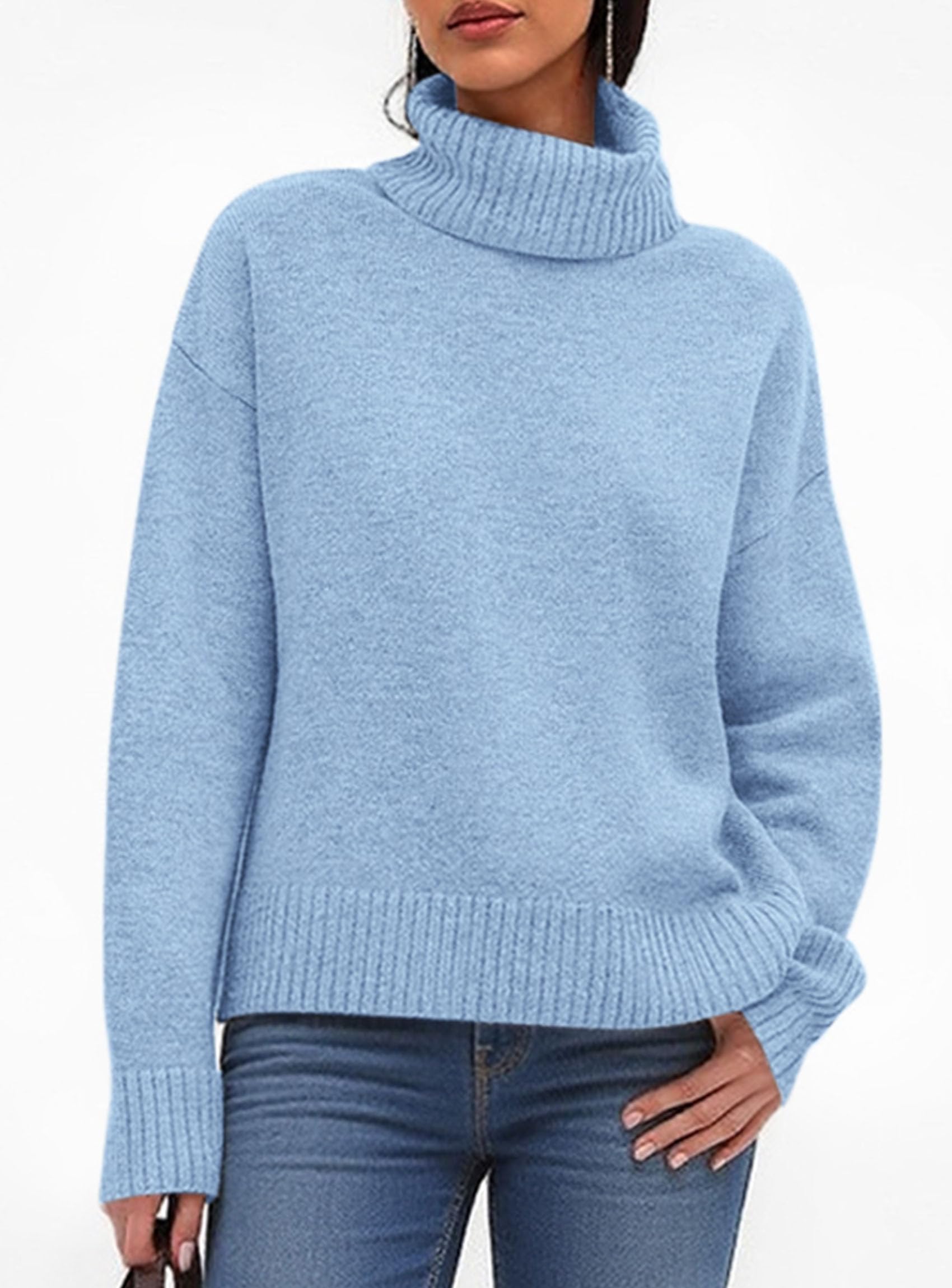 Womens Turtleneck Long Sleeve Sweater Fall Trendy Loose Fit Casual Tops Chunky Knit Pullover Sweaters