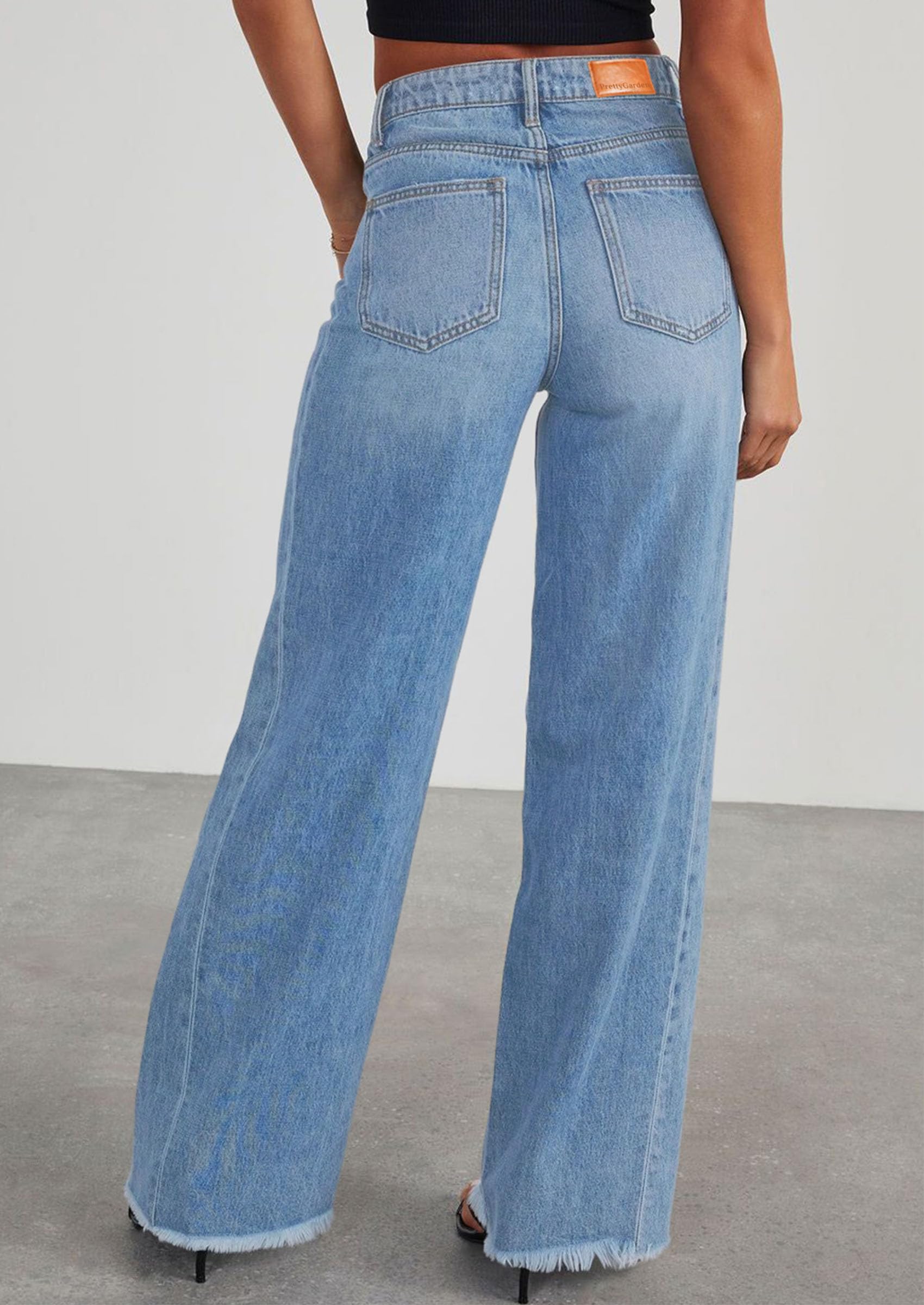 Wide Leg Jeans for Women Trendy High Waisted Stretchy Baggy Raw Hem Denim Palazzo Pants with Pockets