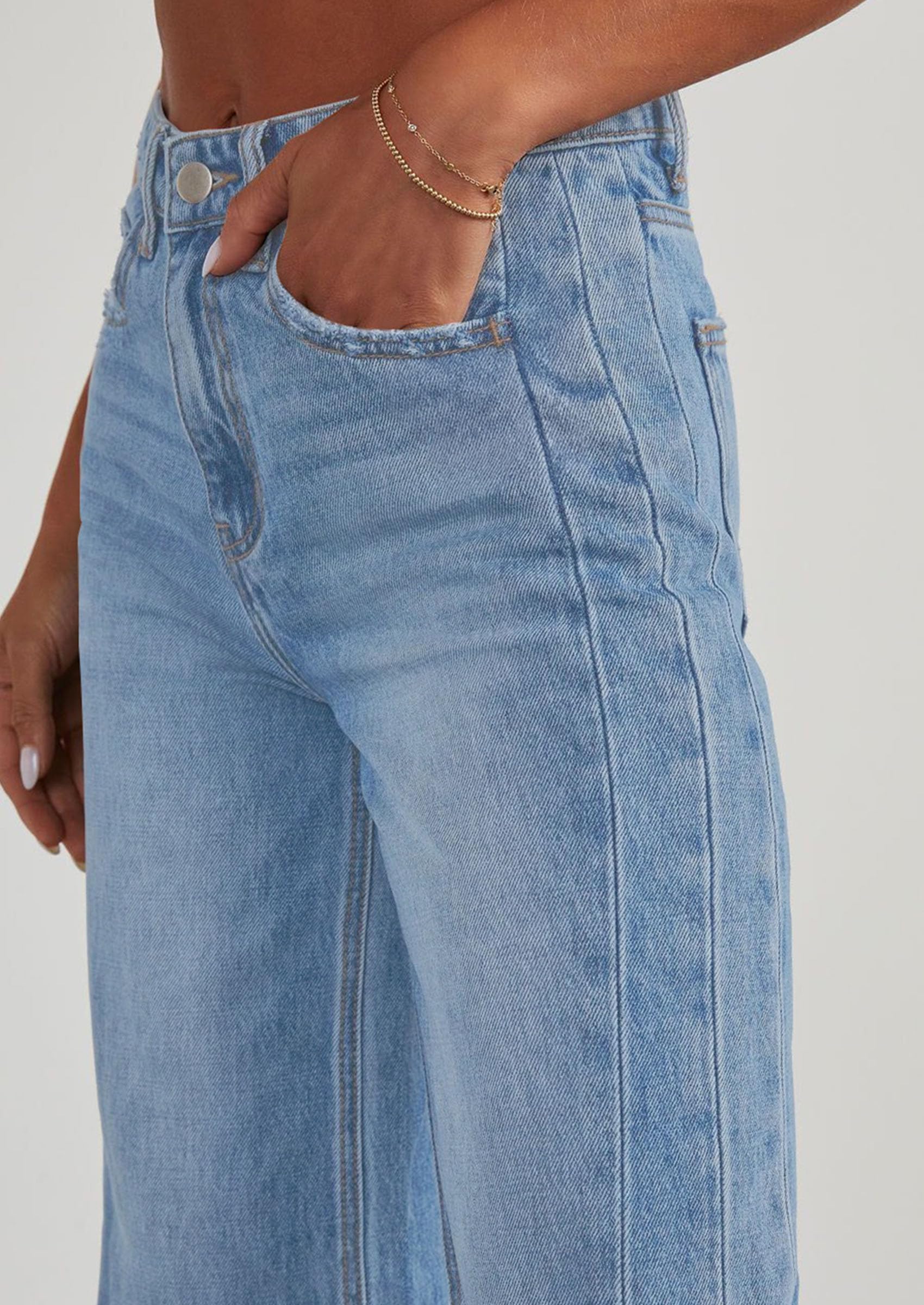 Wide Leg Jeans for Women Trendy High Waisted Stretchy Baggy Raw Hem Denim Palazzo Pants with Pockets