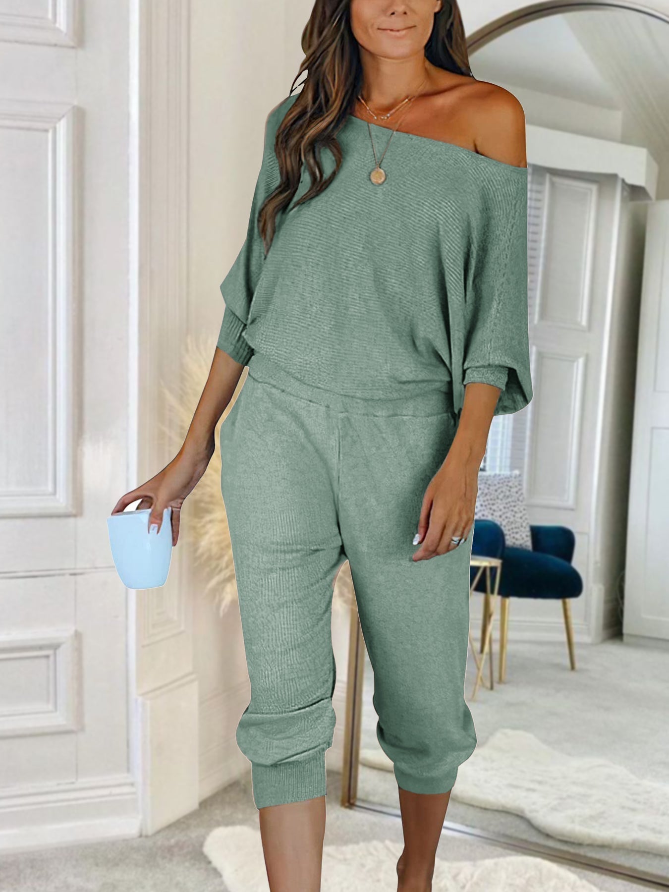 Women's 2 Piece Ribbed Tracksuit Outfits Off Shoulder Long Sleeve Pullover Lounge Pants with Pockets