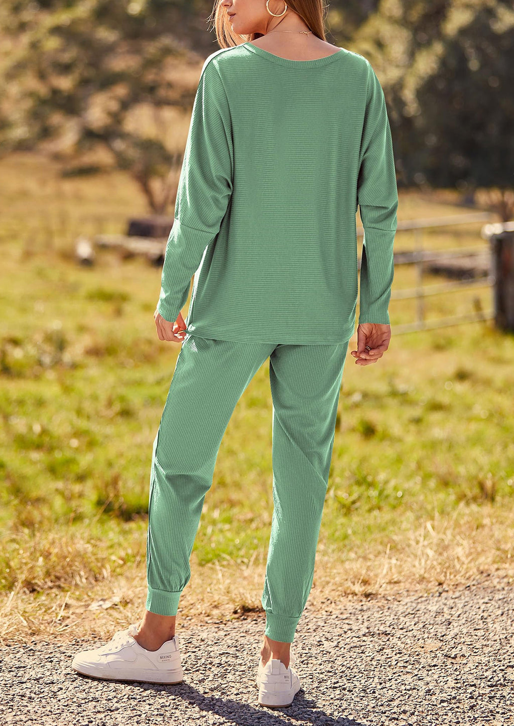 Women's Fall 2 Piece Lounge Set Long Sleeve Tops Ribbed Pants Spring Matching Sweatsuit Travel Outfits Clothes