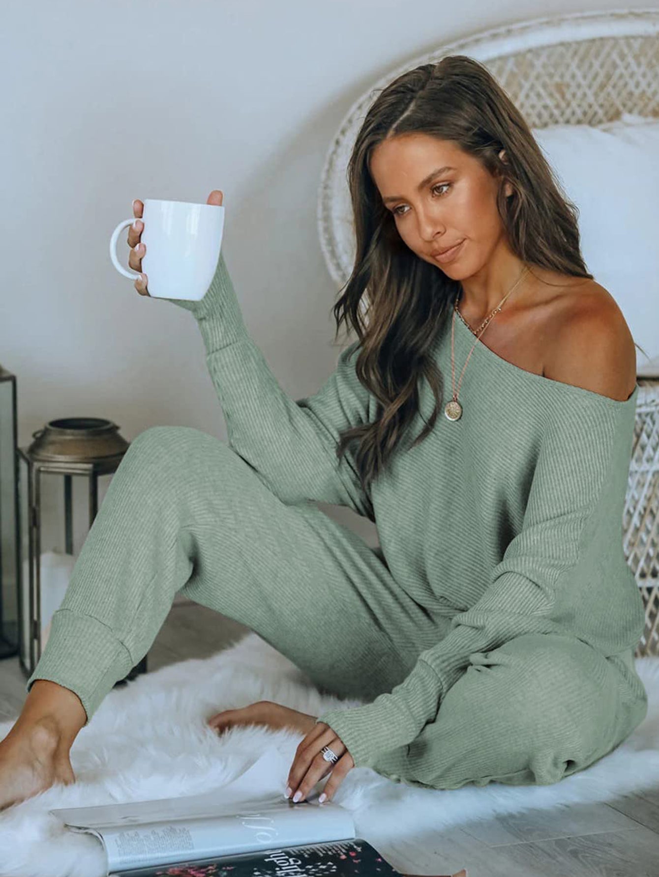 Women's 2 Piece Ribbed Tracksuit Outfits Off Shoulder Long Sleeve Pullover Lounge Pants with Pockets