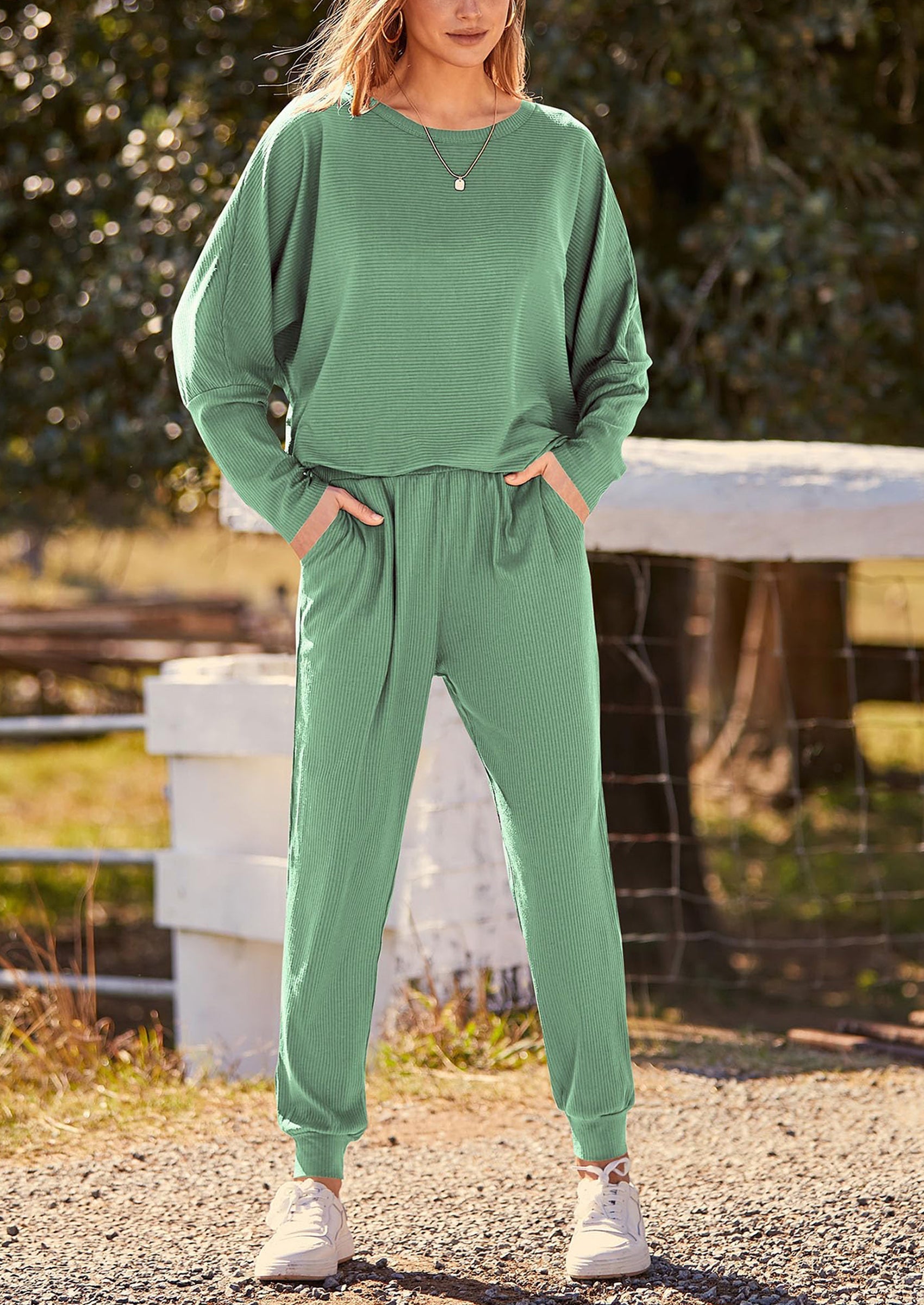Women's Fall 2 Piece Lounge Set Long Sleeve Tops Ribbed Pants Spring Matching Sweatsuit Travel Outfits Clothes