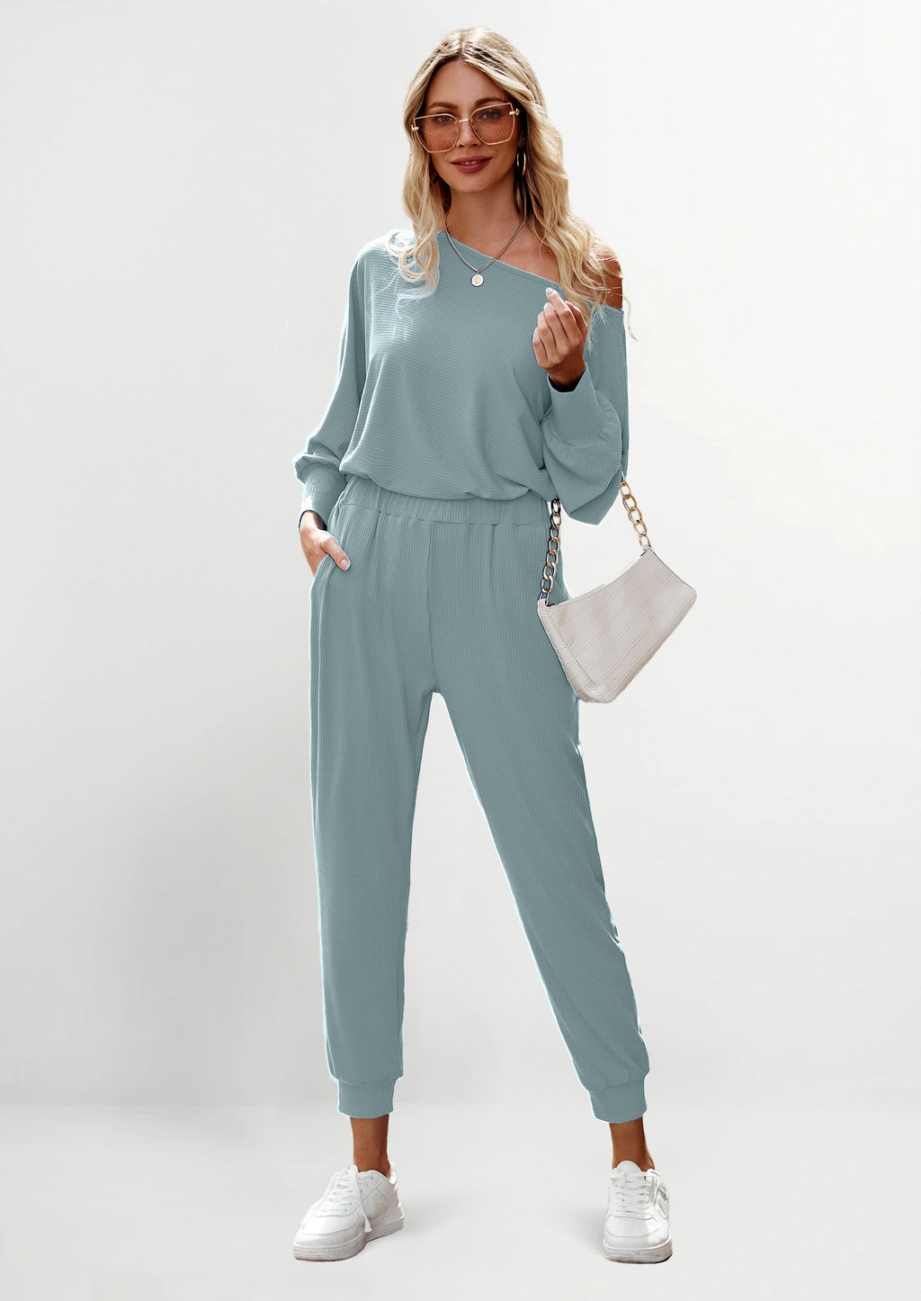 Women's 2 Piece Ribbed Tracksuit Outfits Off Shoulder Long Sleeve Pullover Lounge Pants with Pockets
