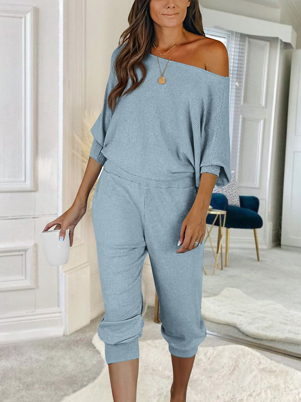 Women's 2 Piece Ribbed Tracksuit Outfits Off Shoulder Long Sleeve Pullover Lounge Pants with Pockets