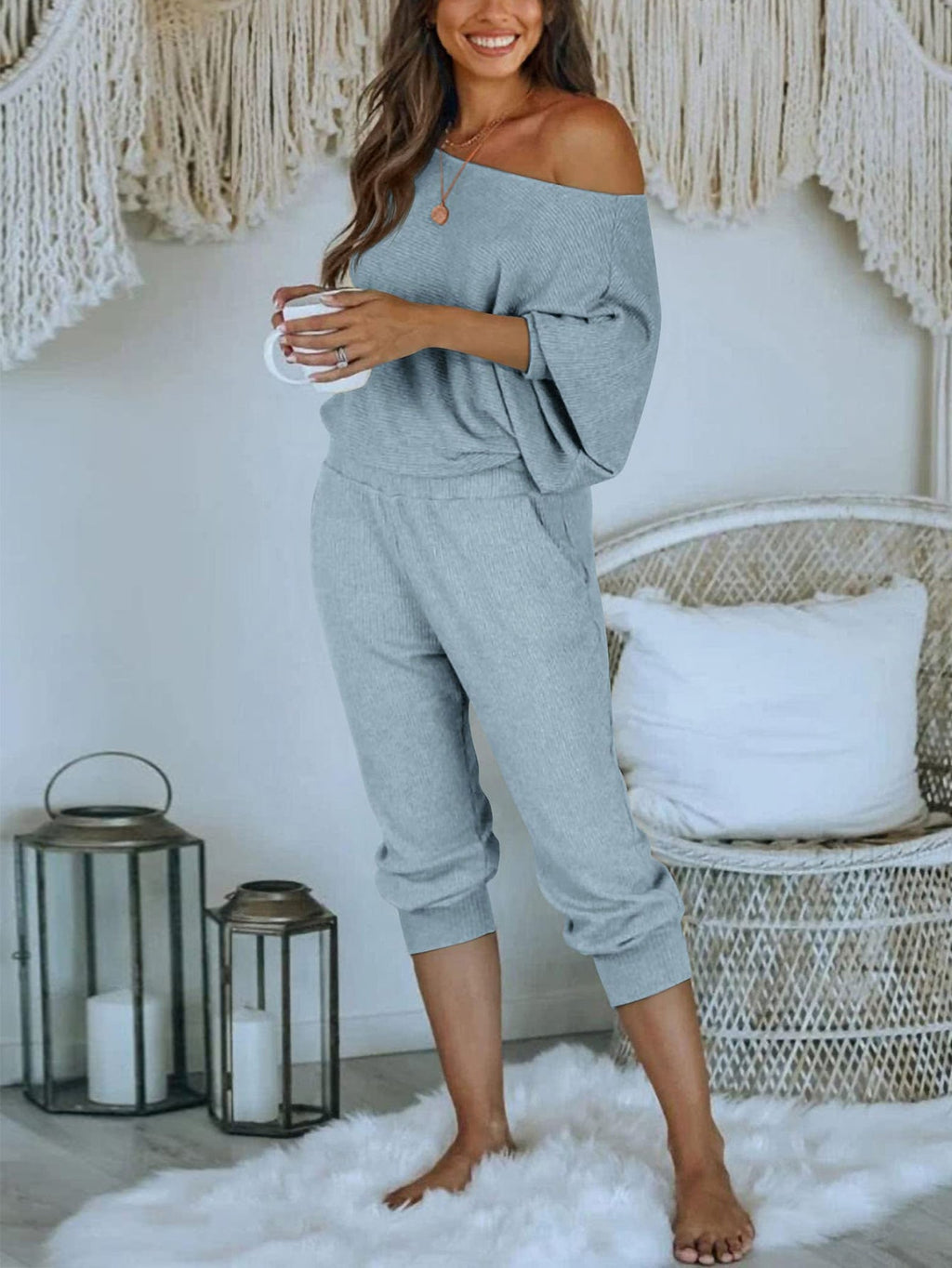 Women's 2 Piece Ribbed Tracksuit Outfits Off Shoulder Long Sleeve Pullover Lounge Pants with Pockets