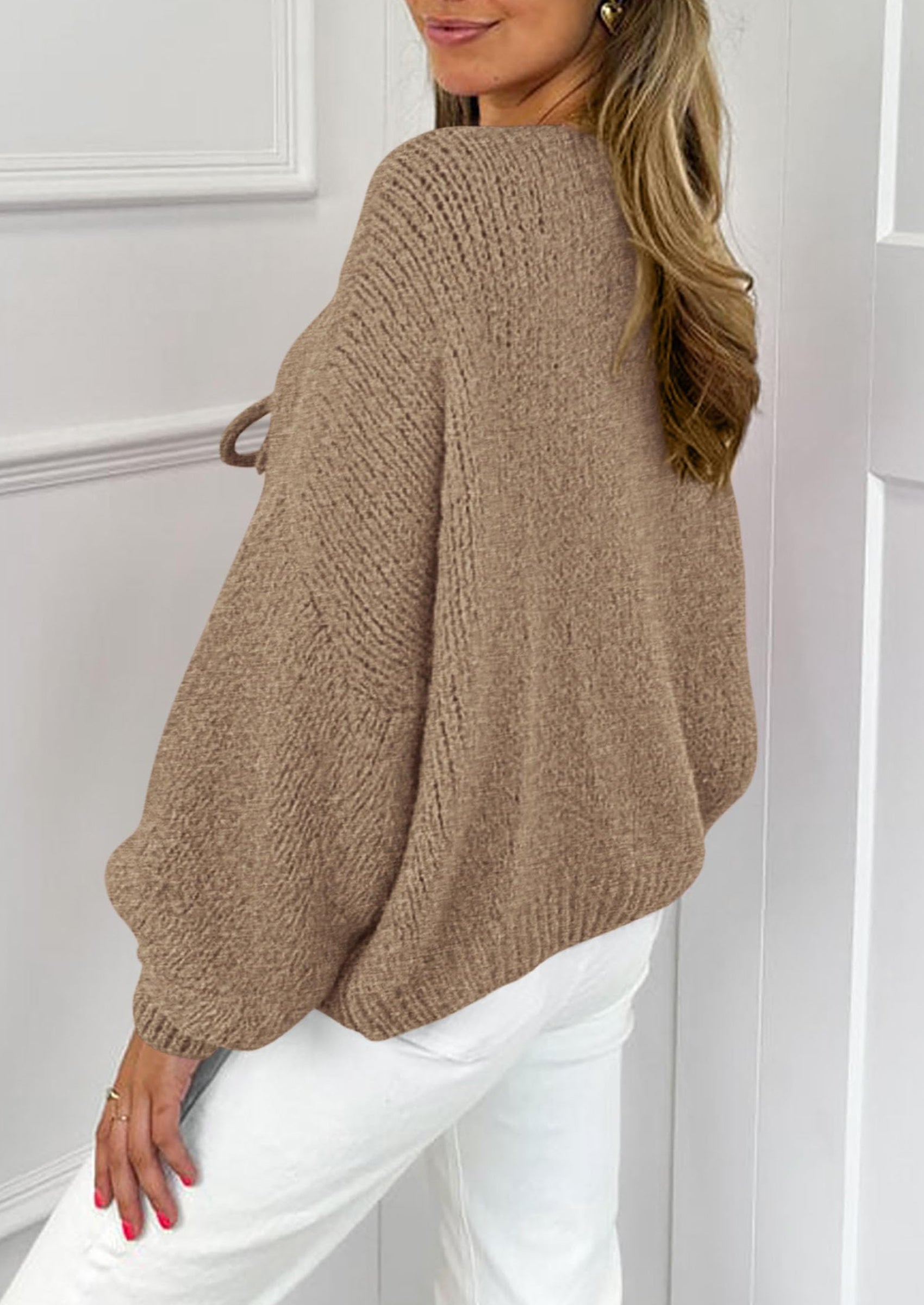 Women's Tie Front Bow Cardigan Sweaters Chunky Knit Long Puff Sleeve Trendy Fall Winter Jacket Coats