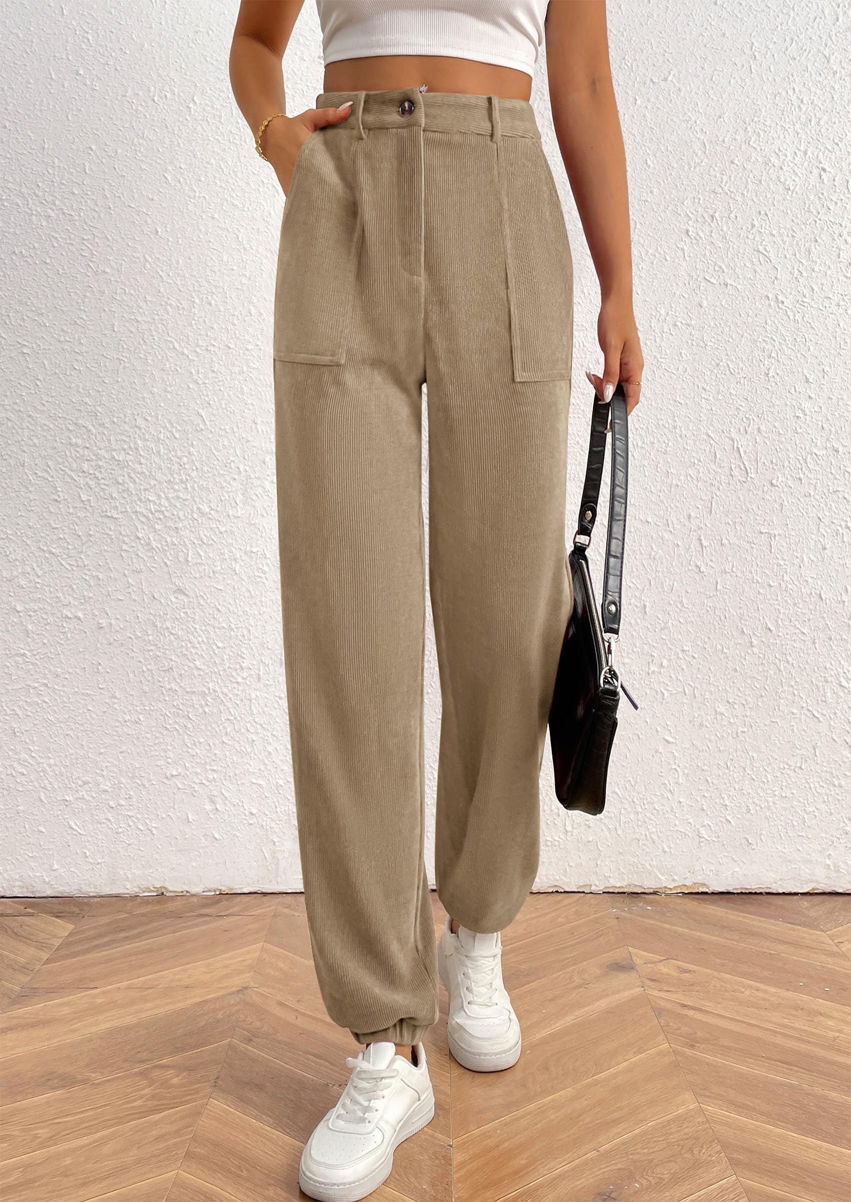 Women's Pants Dressy Casual Fall Elastic High Waisted Work Office Corduroy Trouser Slacks with Pockets