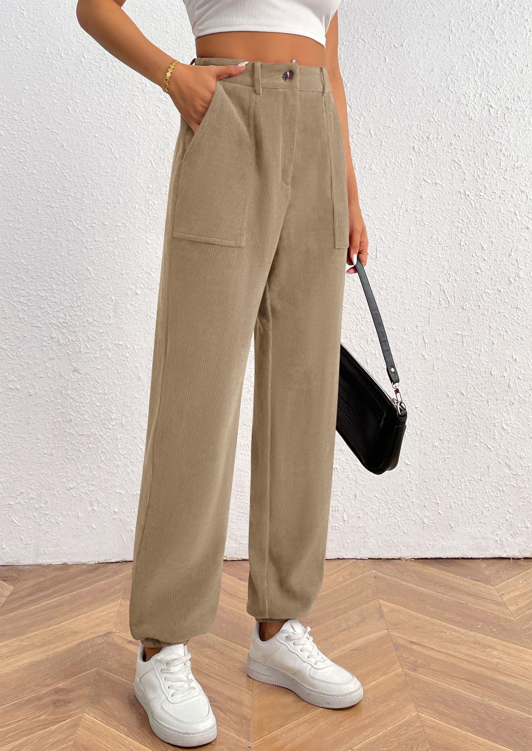 Women's Pants Dressy Casual Fall Elastic High Waisted Work Office Corduroy Trouser Slacks with Pockets