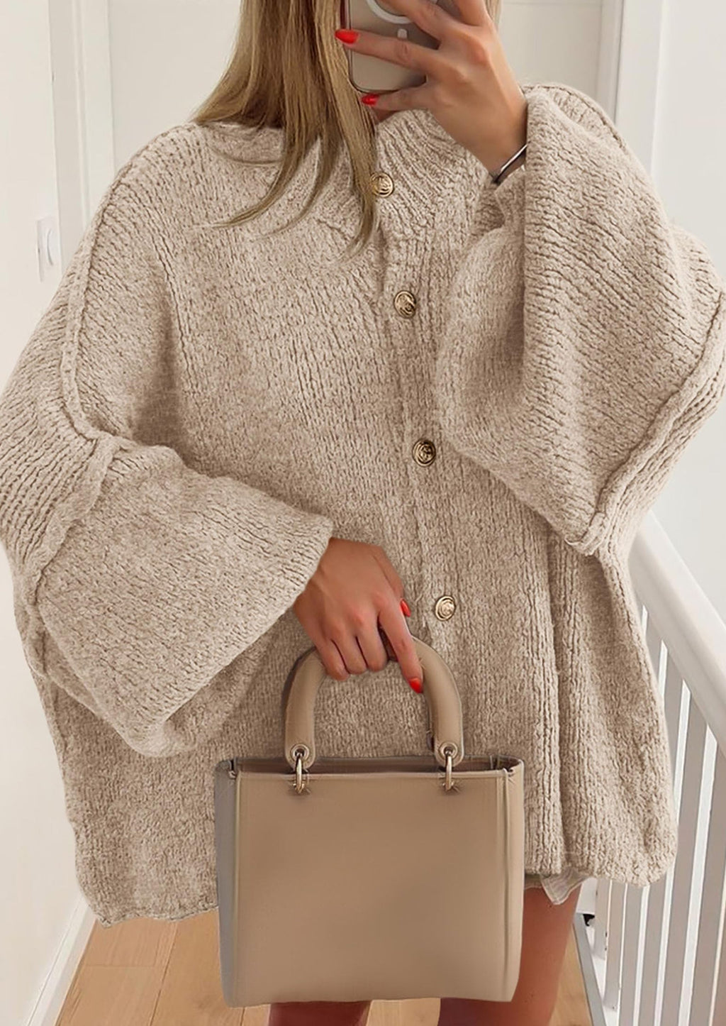 Women's Winter Button Down Cardigan Sweaters Mock Neck Lantern Long Sleeve Chunky Knit Jacket Trendy Outerwear
