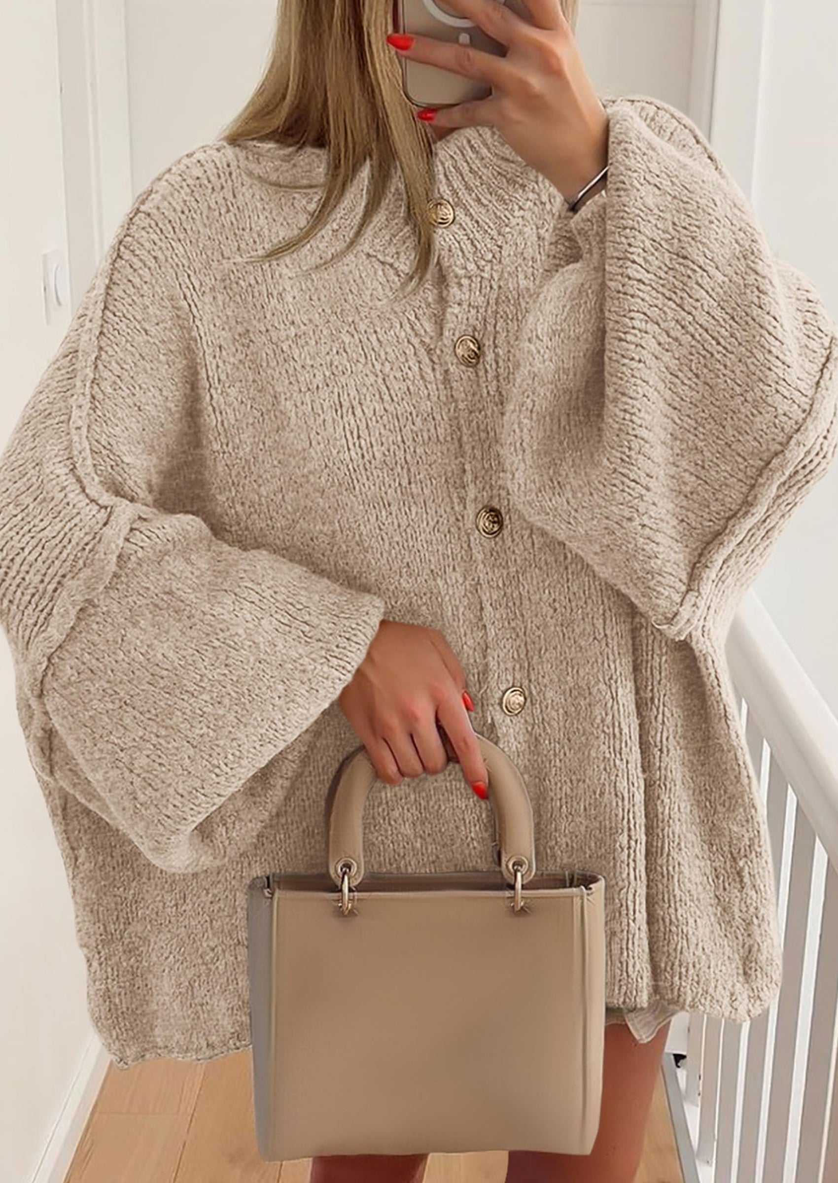 Women's Winter Button Down Cardigan Sweaters Mock Neck Lantern Long Sleeve Chunky Knit Jacket Trendy Outerwear