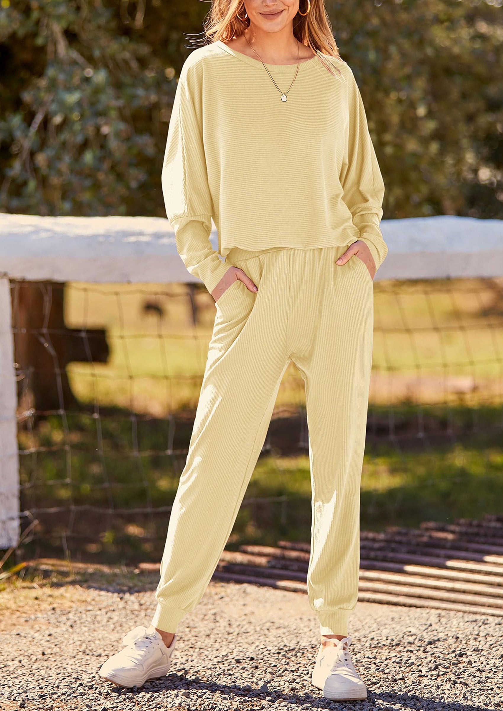 Women's Fall 2 Piece Lounge Set Long Sleeve Tops Ribbed Pants Spring Matching Sweatsuit Travel Outfits Clothes