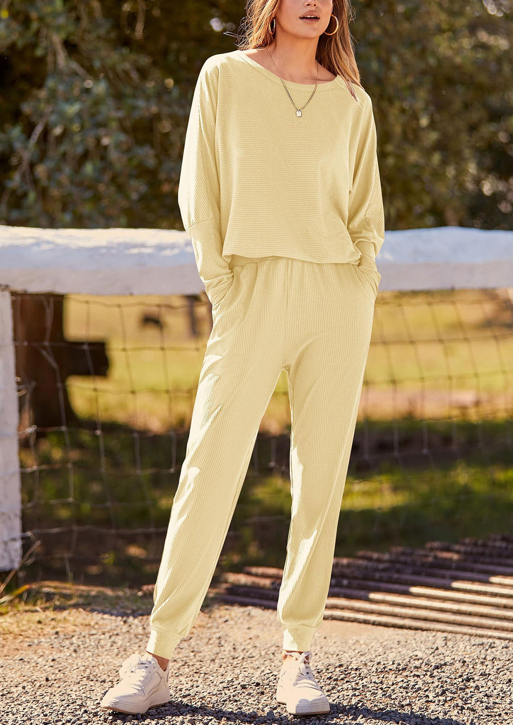 Women's Fall 2 Piece Lounge Set Long Sleeve Tops Ribbed Pants Spring Matching Sweatsuit Travel Outfits Clothes