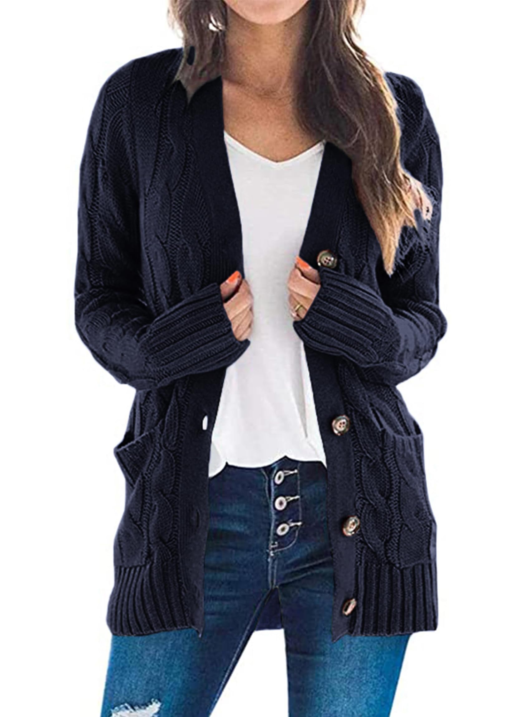Women's Open Front Cardigan Sweaters Fall Fashion Button Down Cable Knit Chunky Winter Outerwear Coats