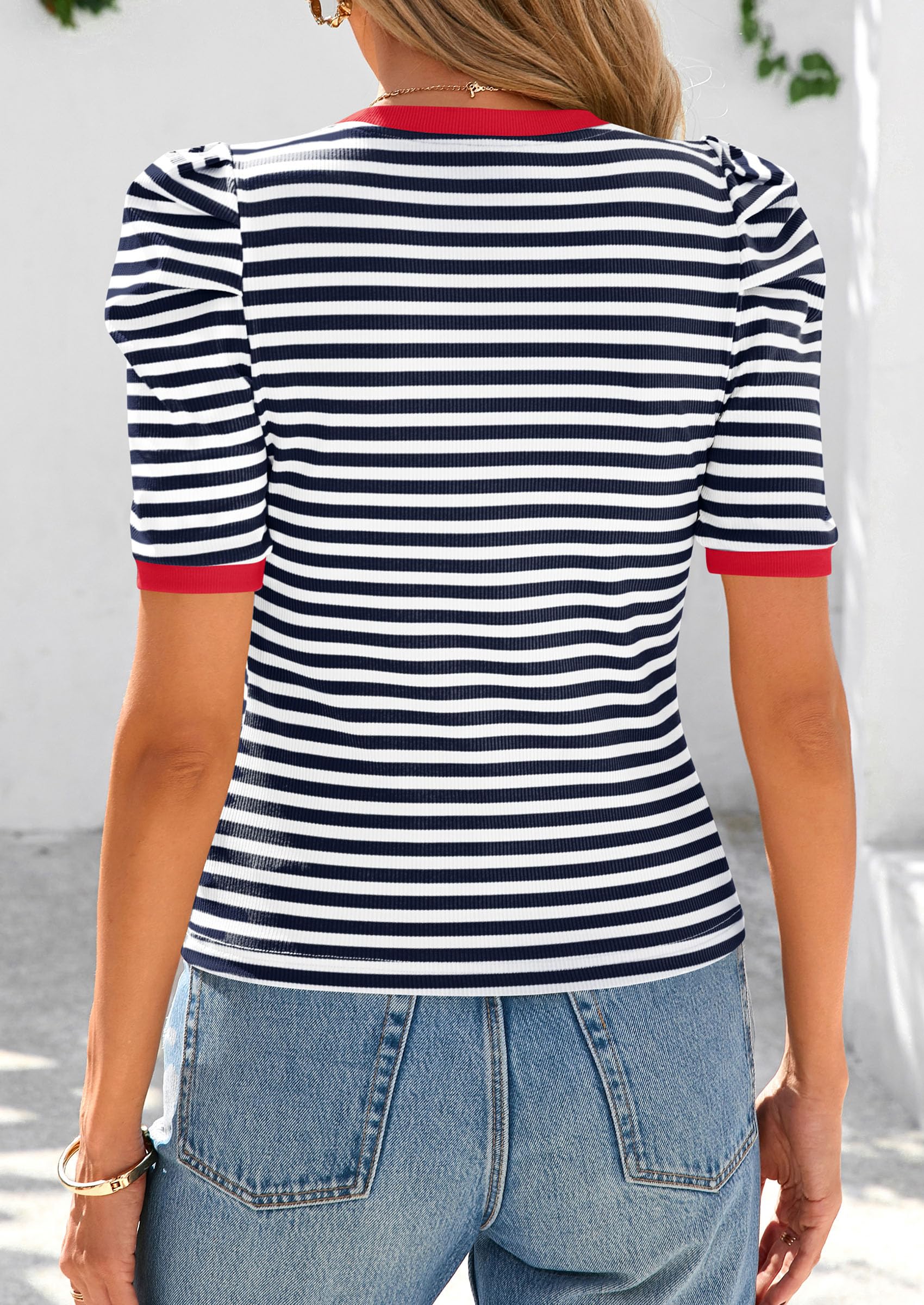 Women's Summer Puff Sleeve Tops Casual Ribbed Knit Crop Top Color Block Trendy Crewneck Striped Shirts