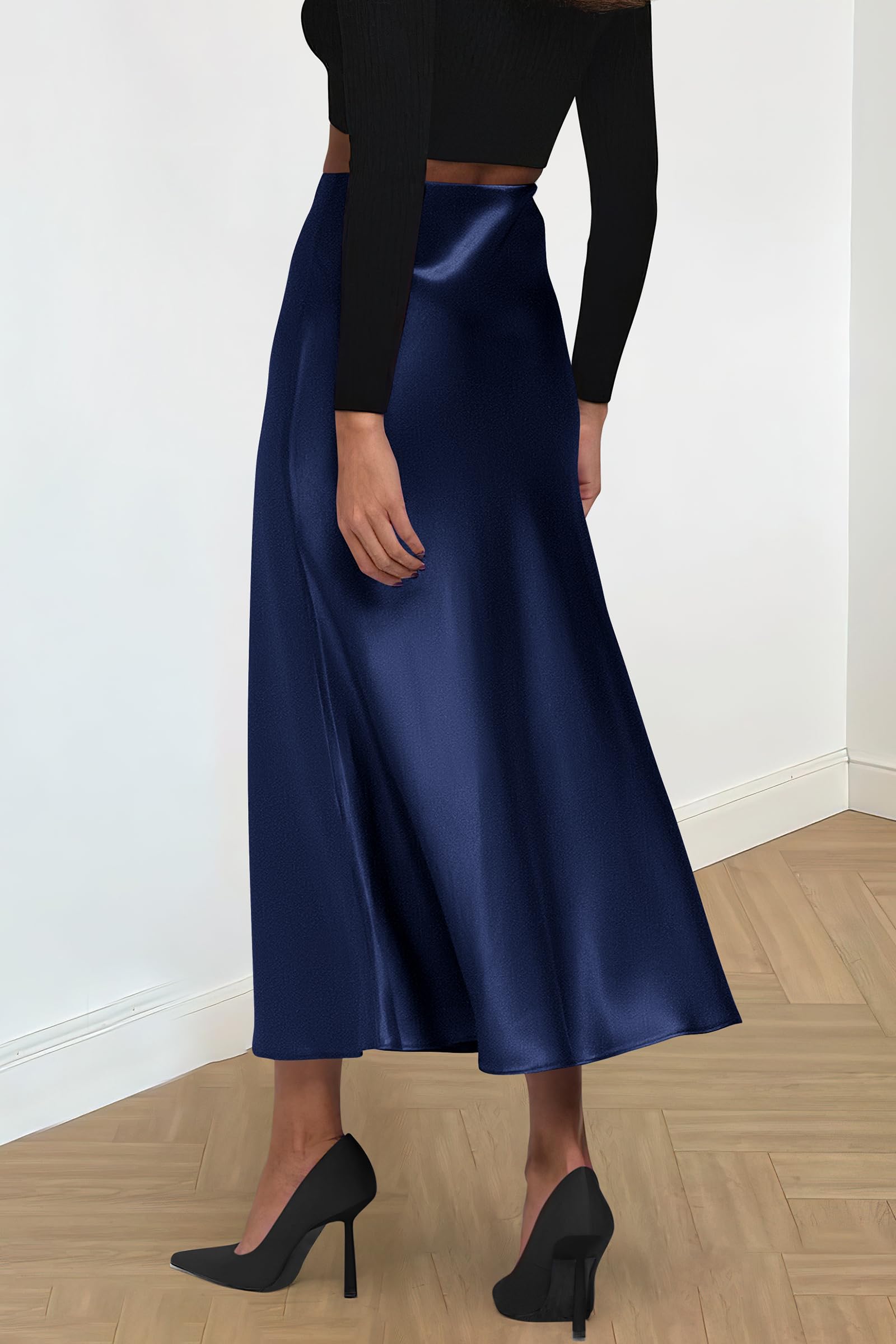 Women's Satin Skirts Dressy Casual Fall High Waisted Cocktail Wedding Flowy Elegant A Line Midi Skirt